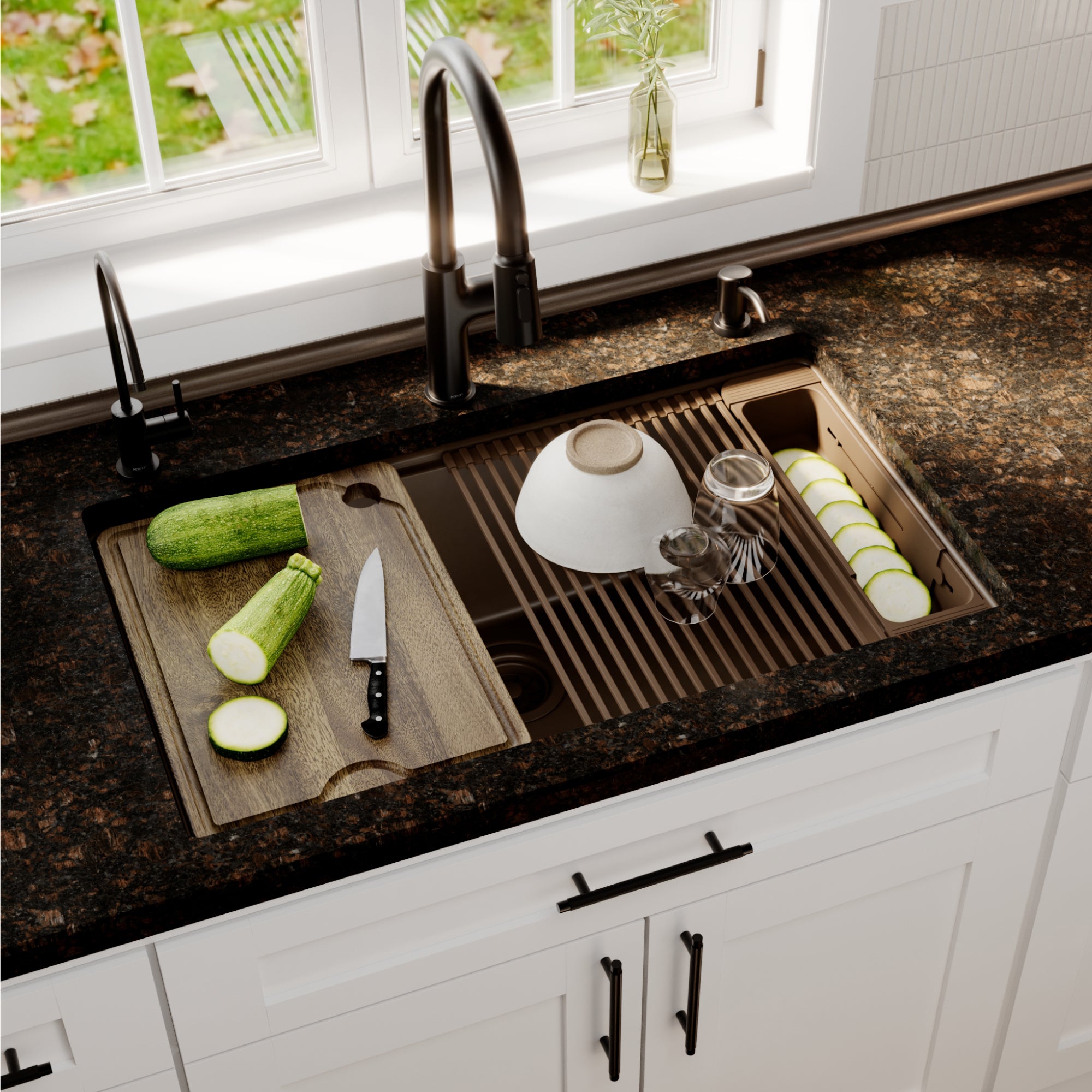 Karran 32 quartz composite workstation kitchen sink brown lifestyle image