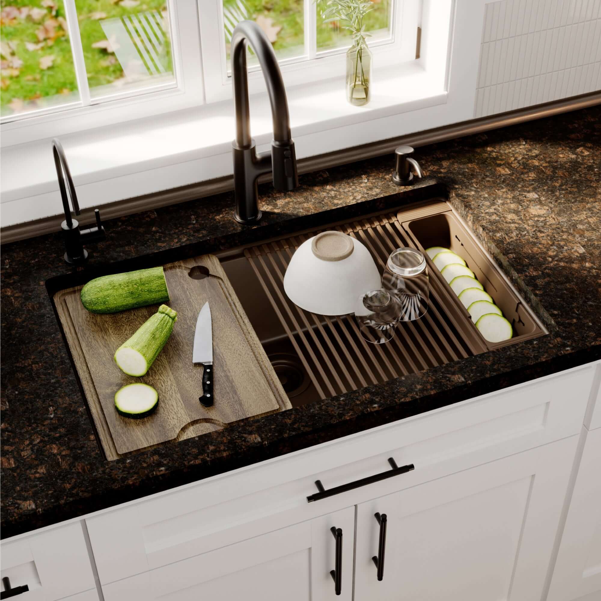 Karran 32 quartz composite workstation kitchen sink brown lifestyle image