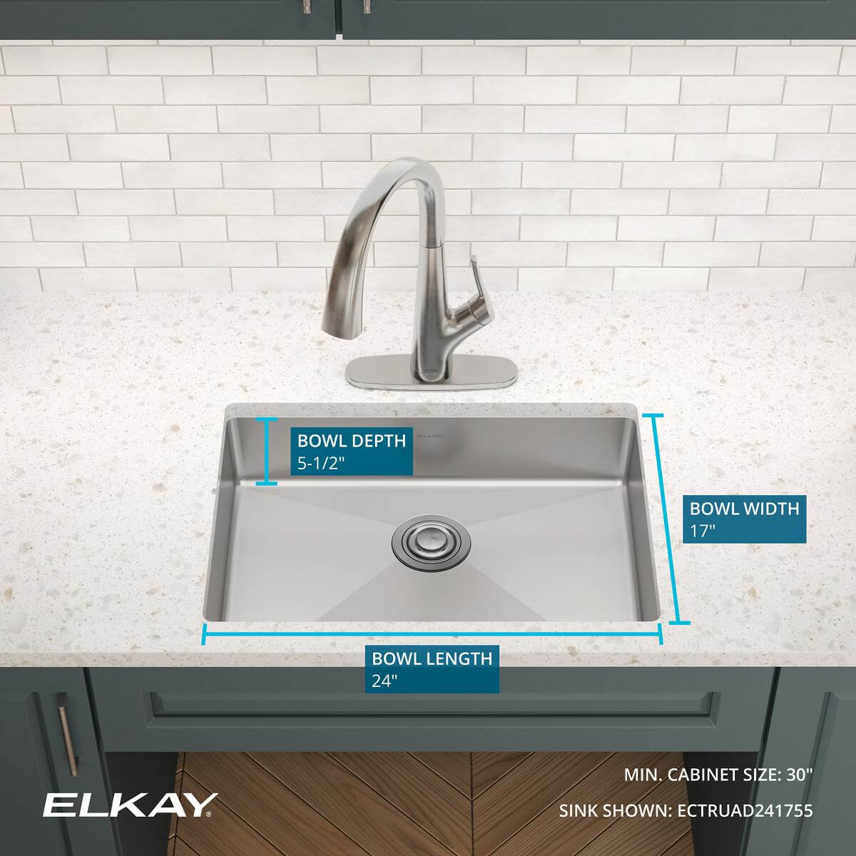 Alternate Image for Elkay Crosstown 26" Undermount Stainless Steel ADA Kitchen Sink, Polished Satin, 18 Gauge, ECTRUAD241755