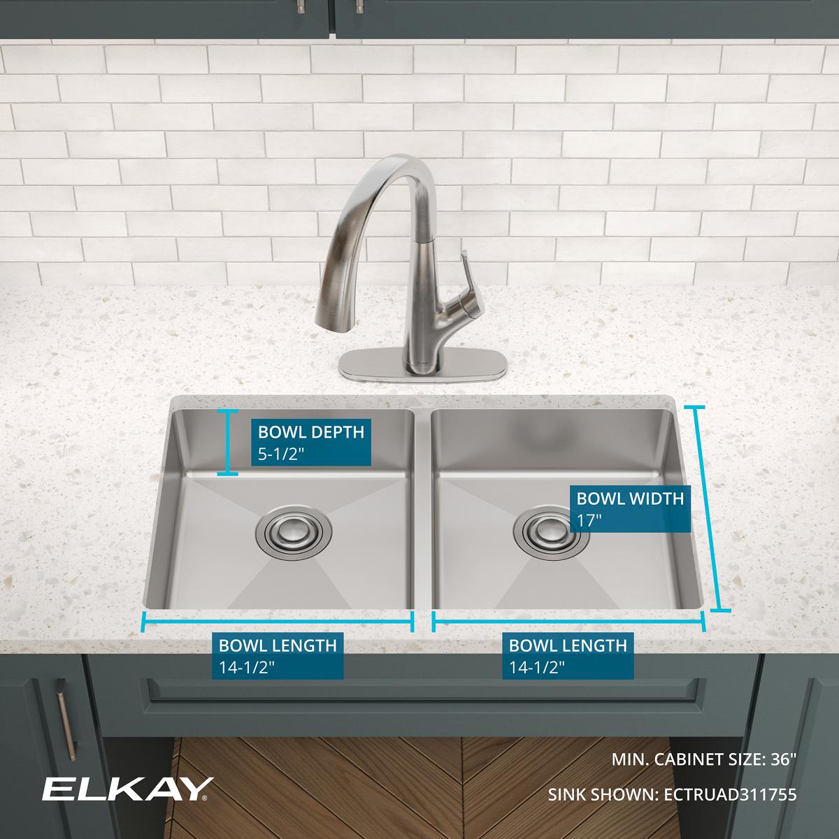 Alternate Image for Elkay Crosstown 32" Undermount Stainless Steel ADA Kitchen Sink, 50/50 Double Bowl, Polished Satin, 18 Gauge, ECTRUAD311755