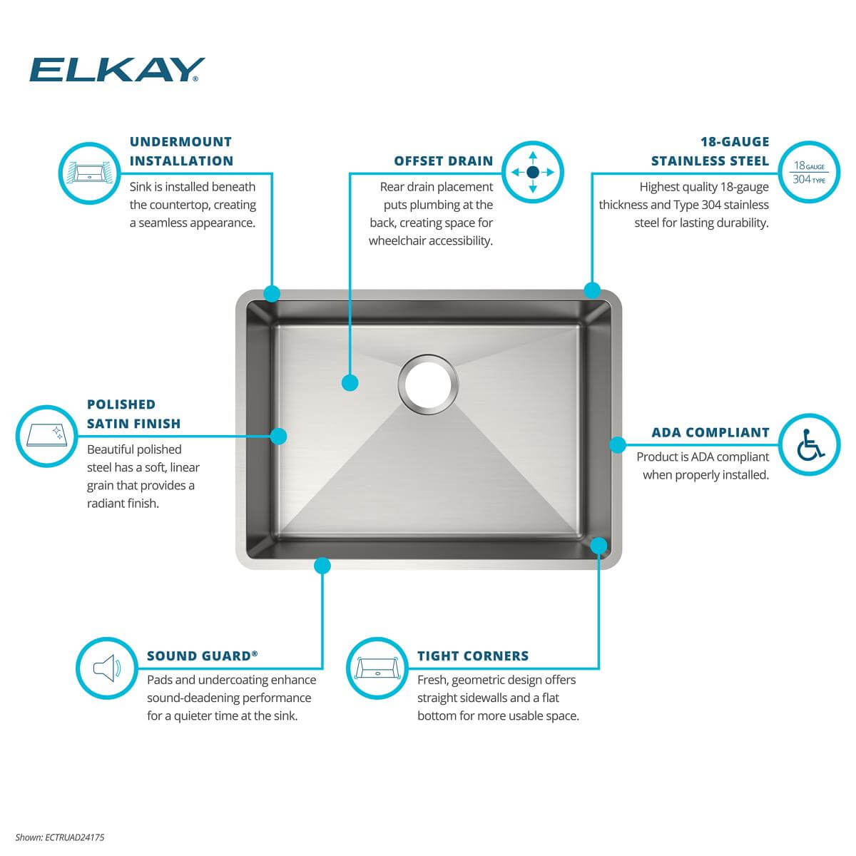 Alternate Image for Elkay Crosstown 26" Undermount Stainless Steel ADA Kitchen Sink, Polished Satin, 18 Gauge, ECTRUAD241755