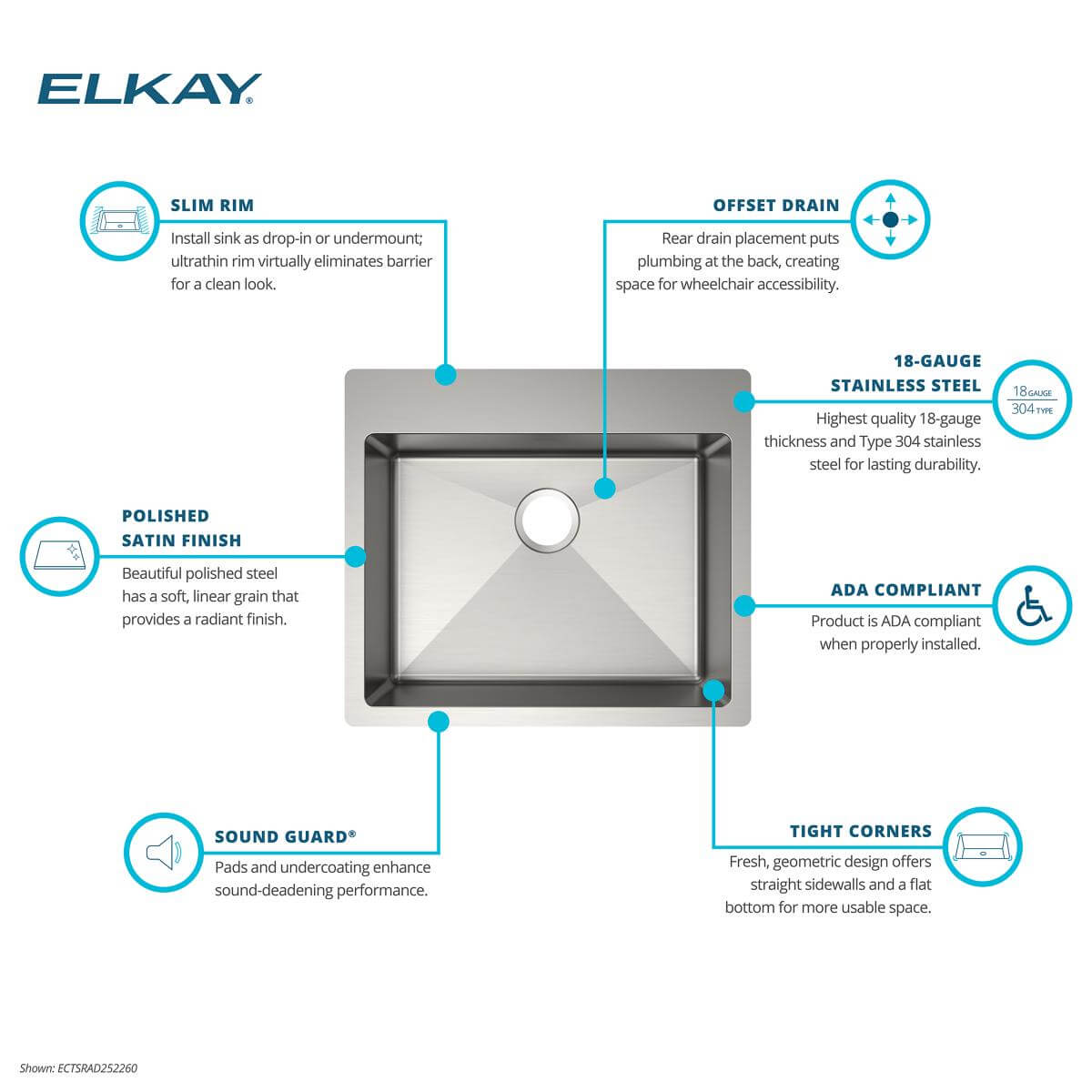 Alternate Image for Elkay Crosstown 25" Dual Mount Stainless Steel ADA Kitchen Sink, Polished Satin, 1 Faucet Hole, ECTSRAD2522601