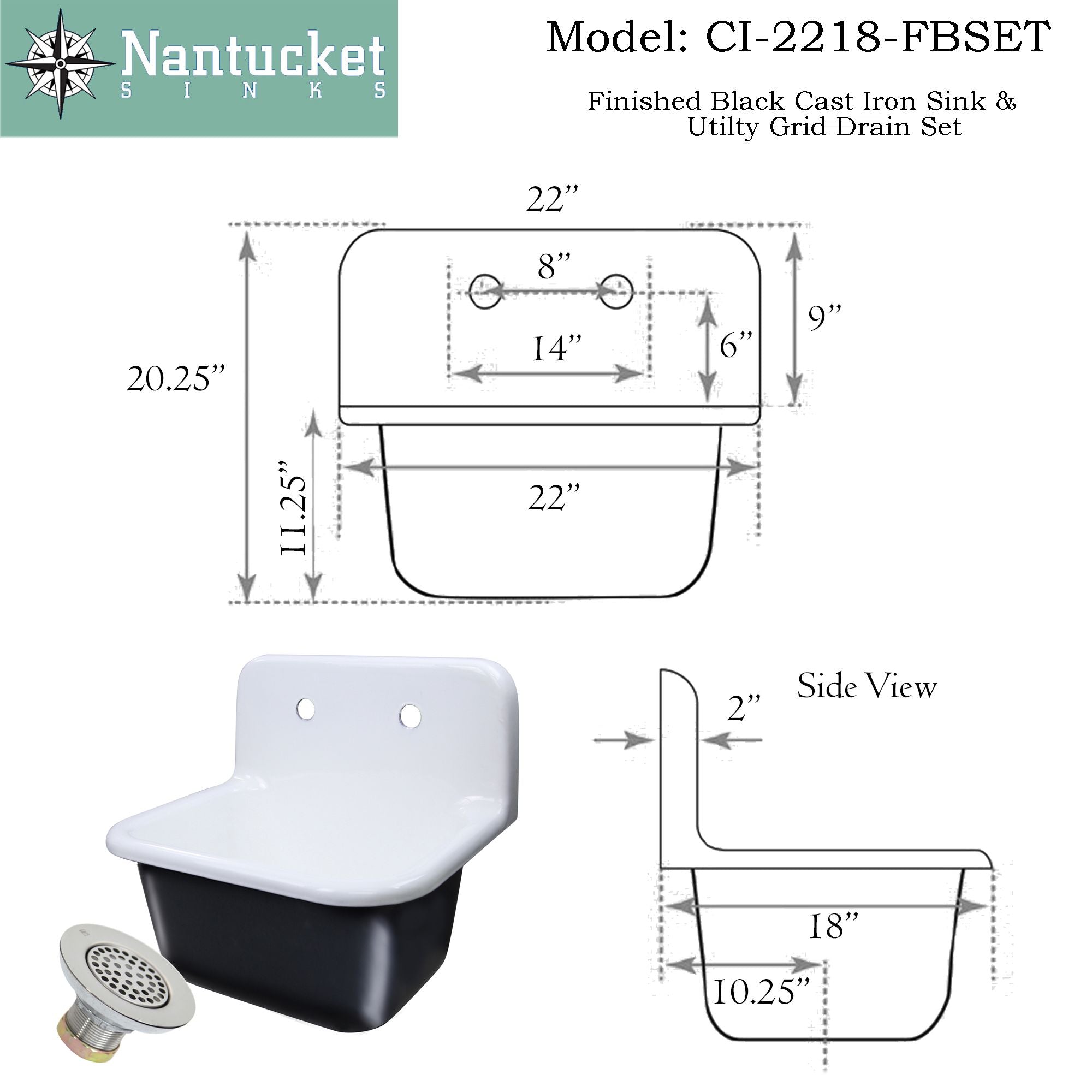 Alternate Image for Nantucket Sinks Anchor 22" Wallmount Cast Iron Utility Sink with Accessories, White/Black, CI-2218-FBSET