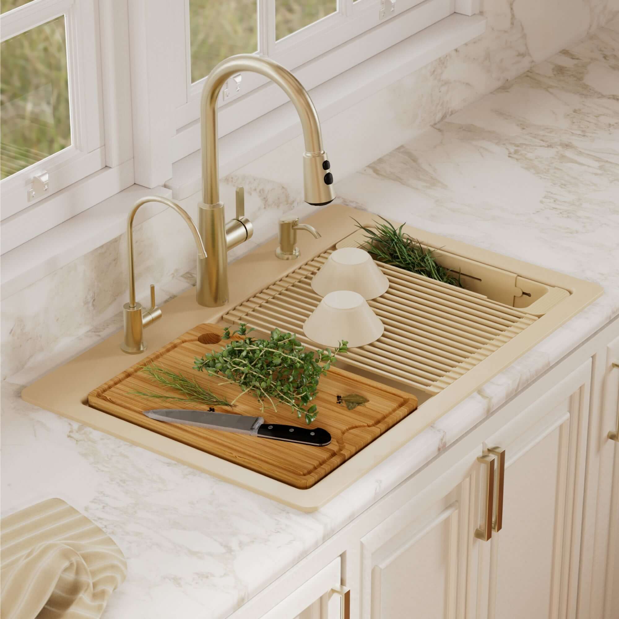 Karran 33 quartz composite workstation kitchen sink 50/50 double bowl bisque lifestyle image