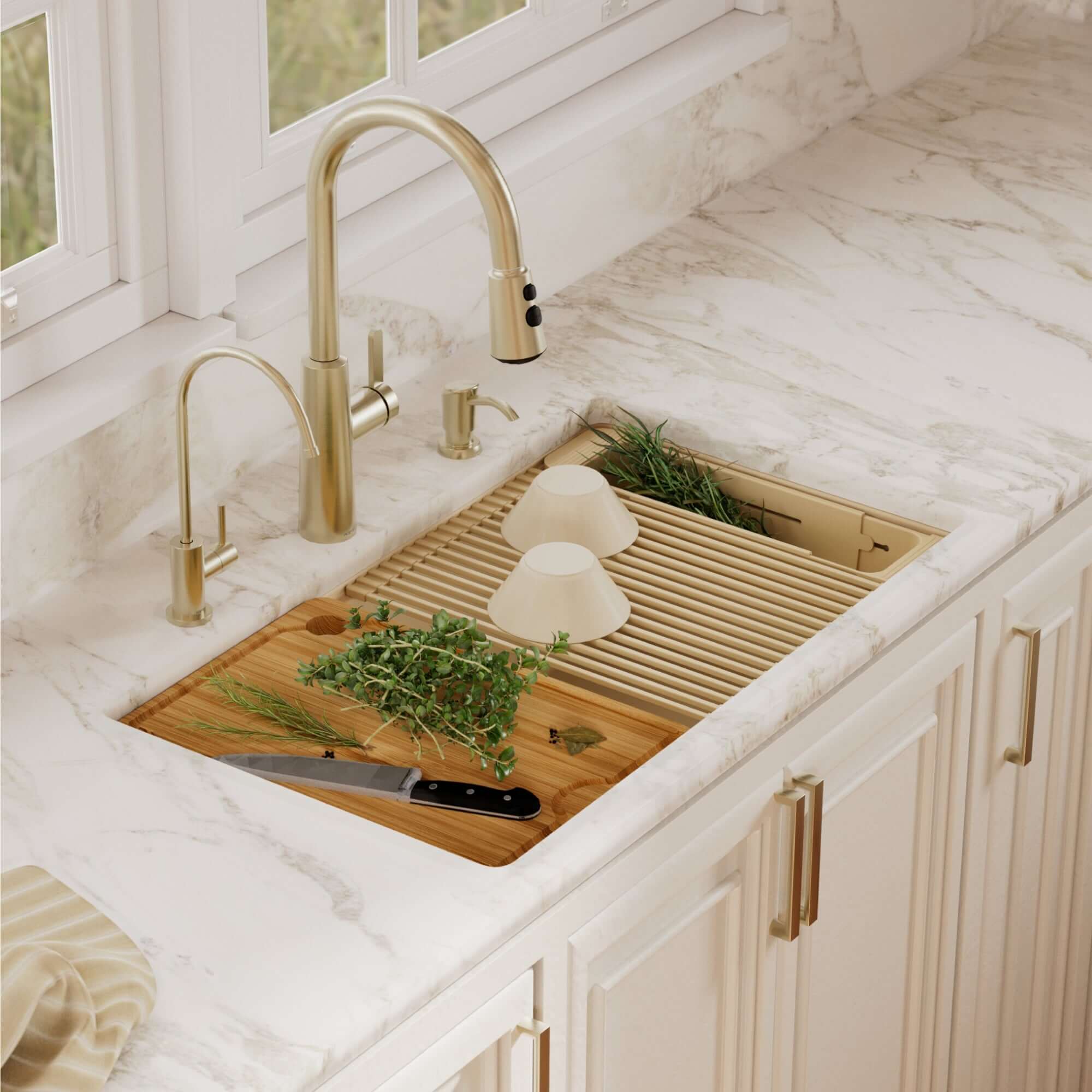 Karran 32 quartz composite workstation kitchen sink bisque lifestyle image
