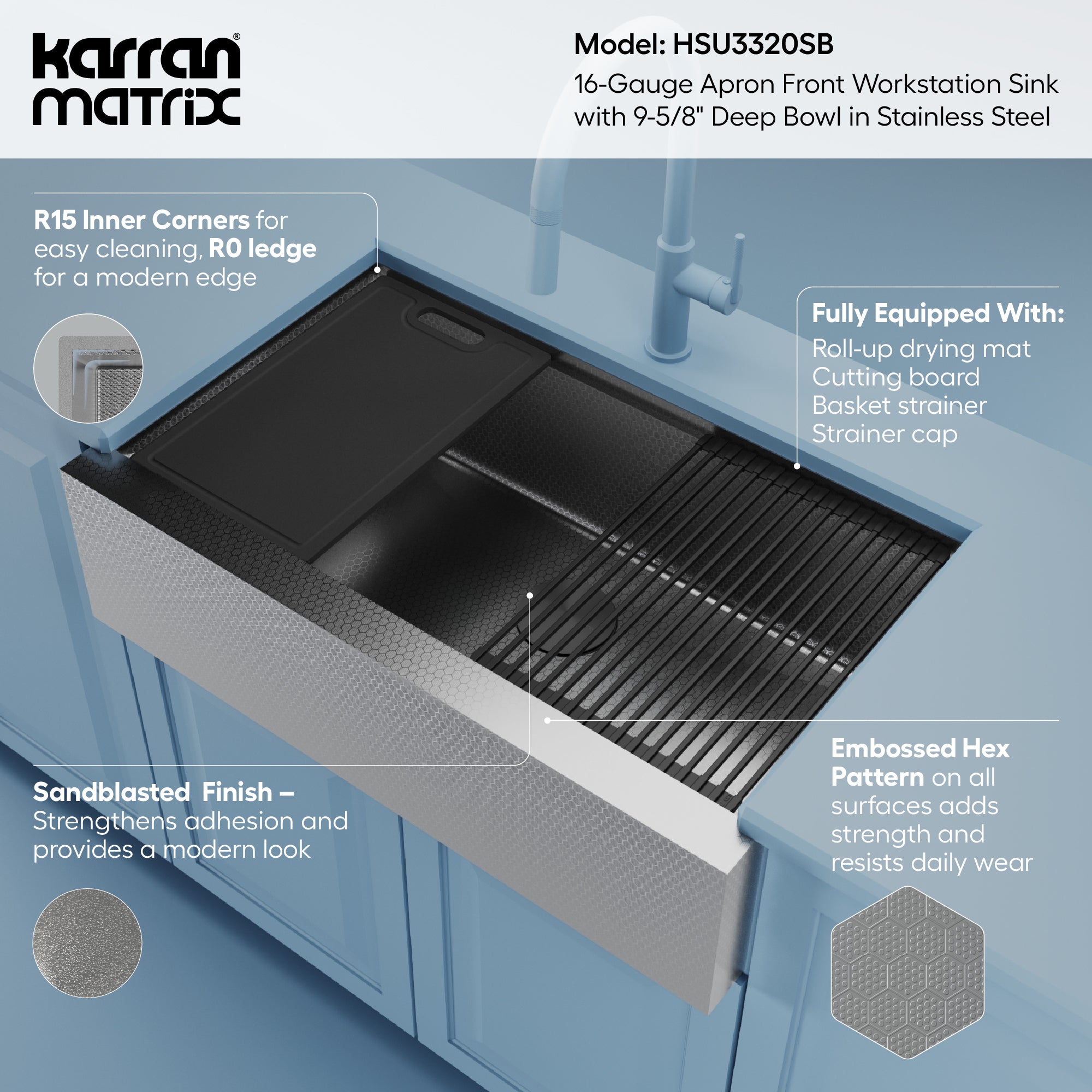 Karran 33 stainless steel workstation farmhouse sink informational image