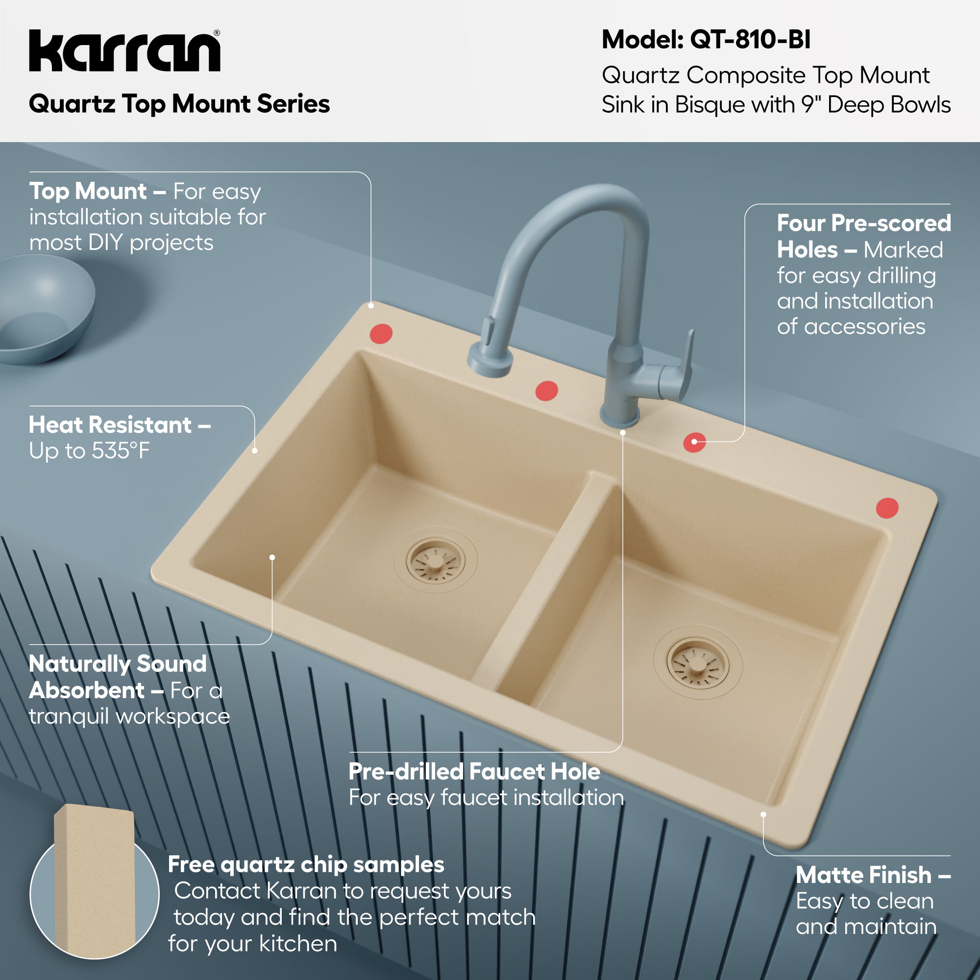 Alternative View of Karran 33" Drop In/Topmount Quartz Composite Kitchen Sink, 50/50 Double Bowl, Bisque, QT-810-BI