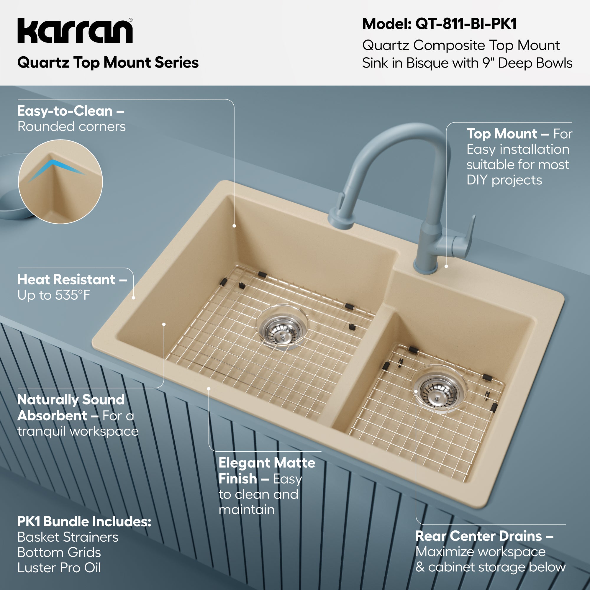 Alternative View of Karran 33" Drop In/Topmount Quartz Composite Kitchen Sink with Accessories, 60/40 Double Bowl, Bisque, QT-811-BI-PK1
