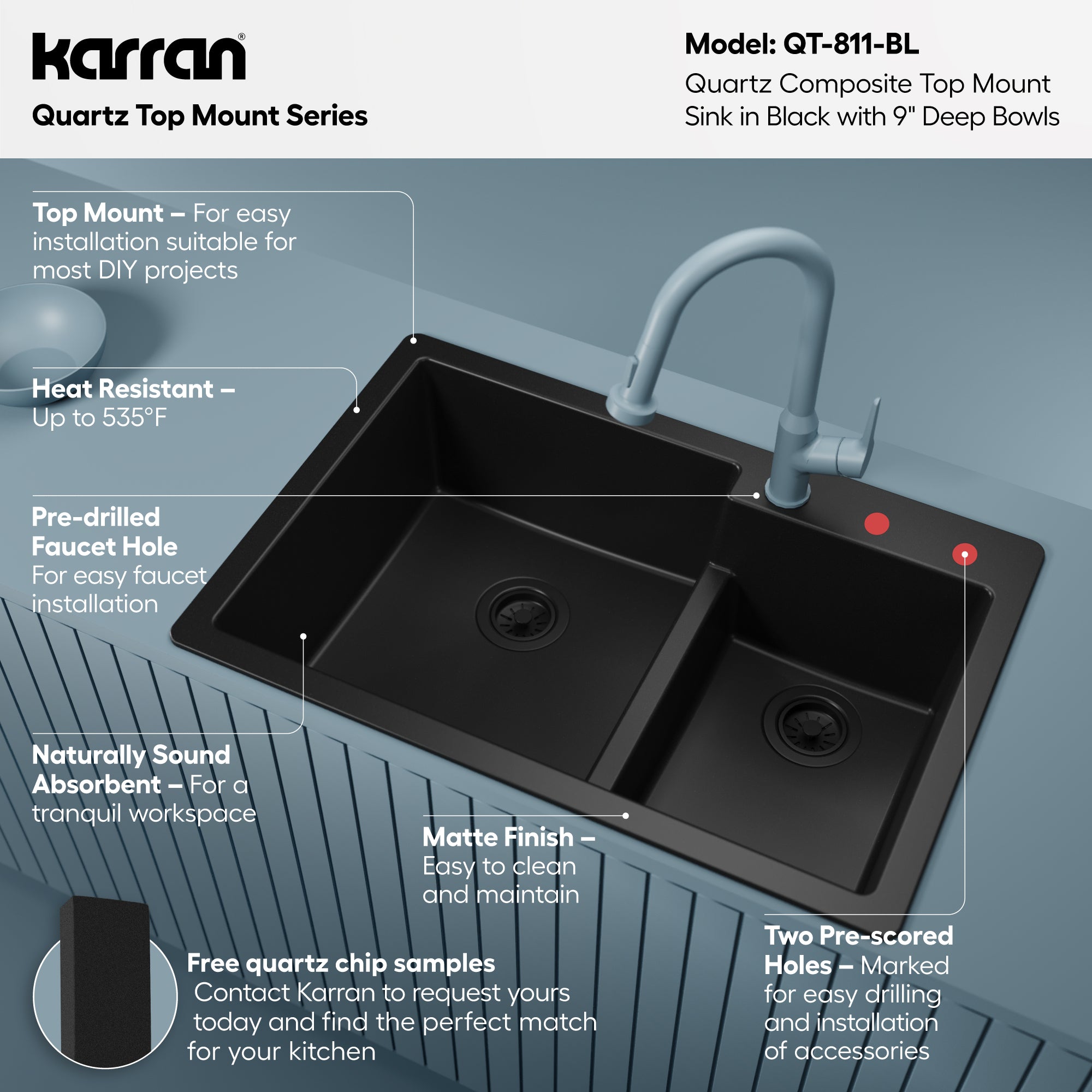 Alternative View of Karran 33" Drop In/Topmount Quartz Composite Kitchen Sink, 60/40 Double Bowl, Black, QT-811-BL