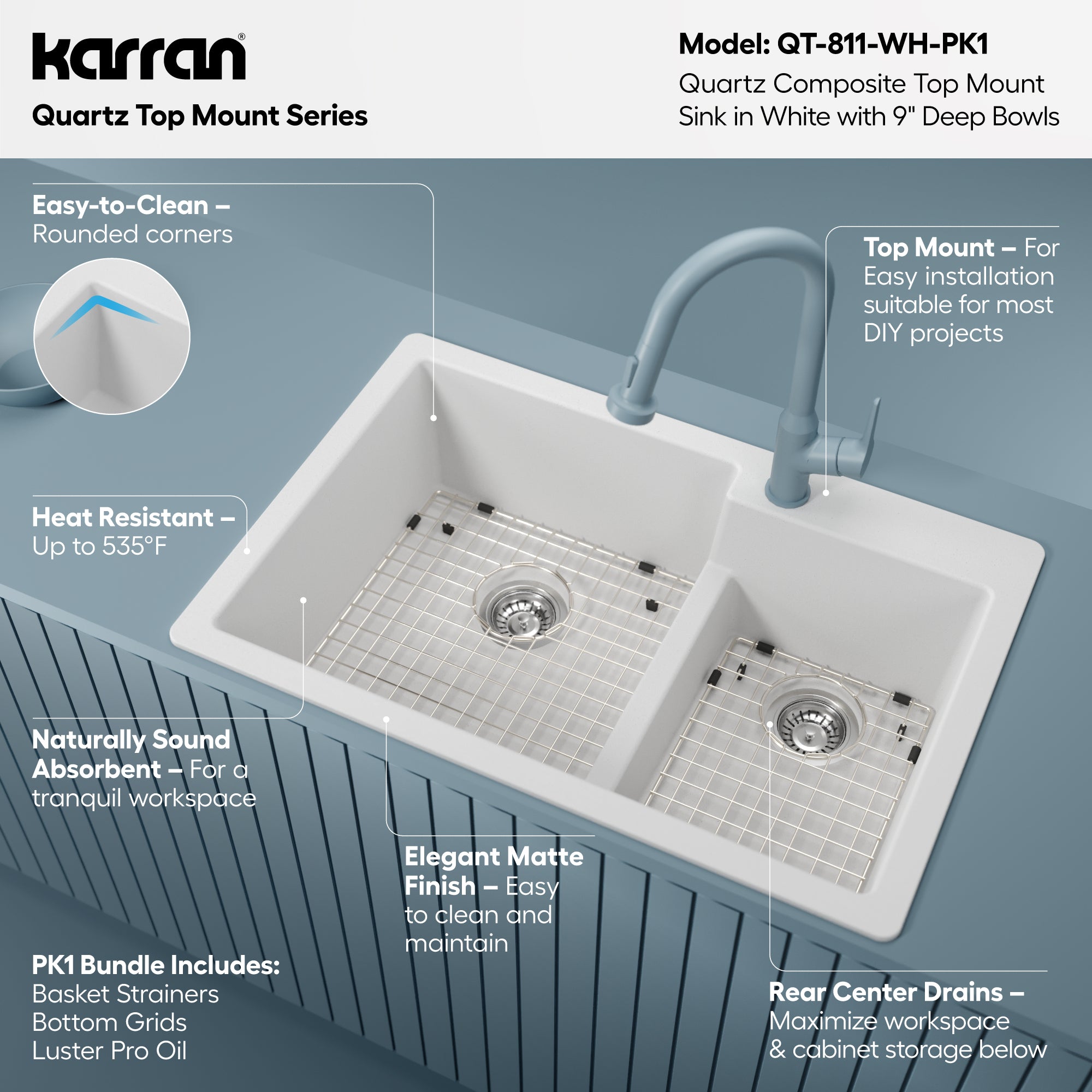 Alternative View of Karran 33" Drop In/Topmount Quartz Composite Kitchen Sink with Accessories, 60/40 Double Bowl, White, QT-811-WH-PK1