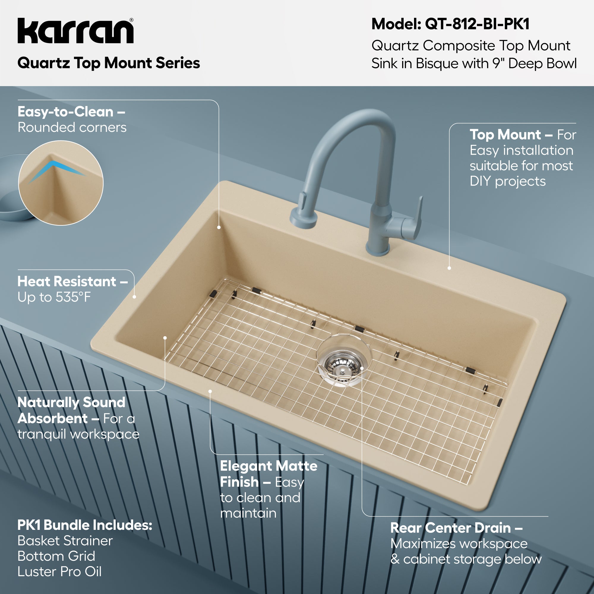 Alternative View of Karran 33" Drop In/Topmount Quartz Composite Kitchen Sink with Accessories, Bisque, QT-812-BI-PK1