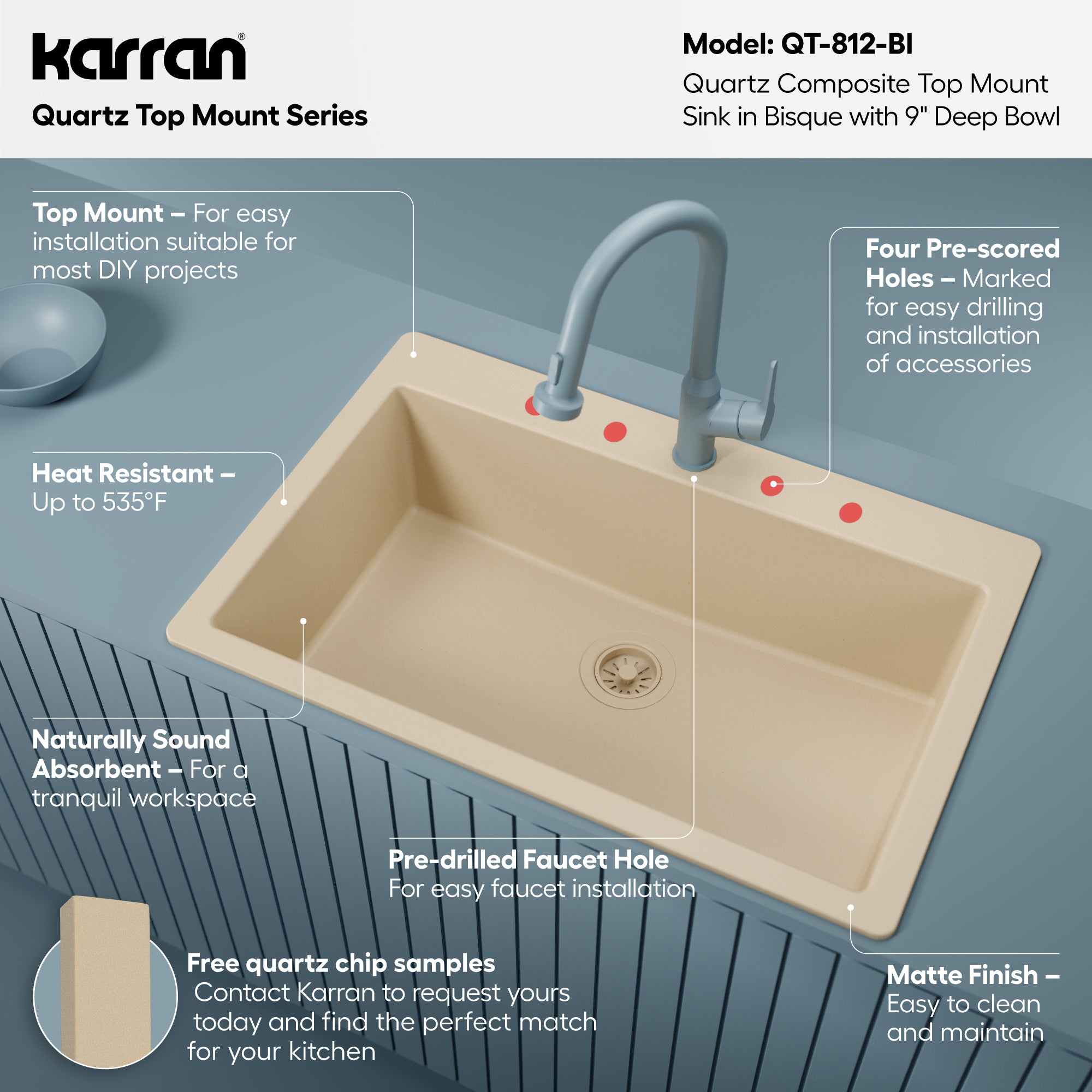 Alternative View of Karran 33" Drop In/Topmount Quartz Composite Kitchen Sink, Bisque, QT-812-BI