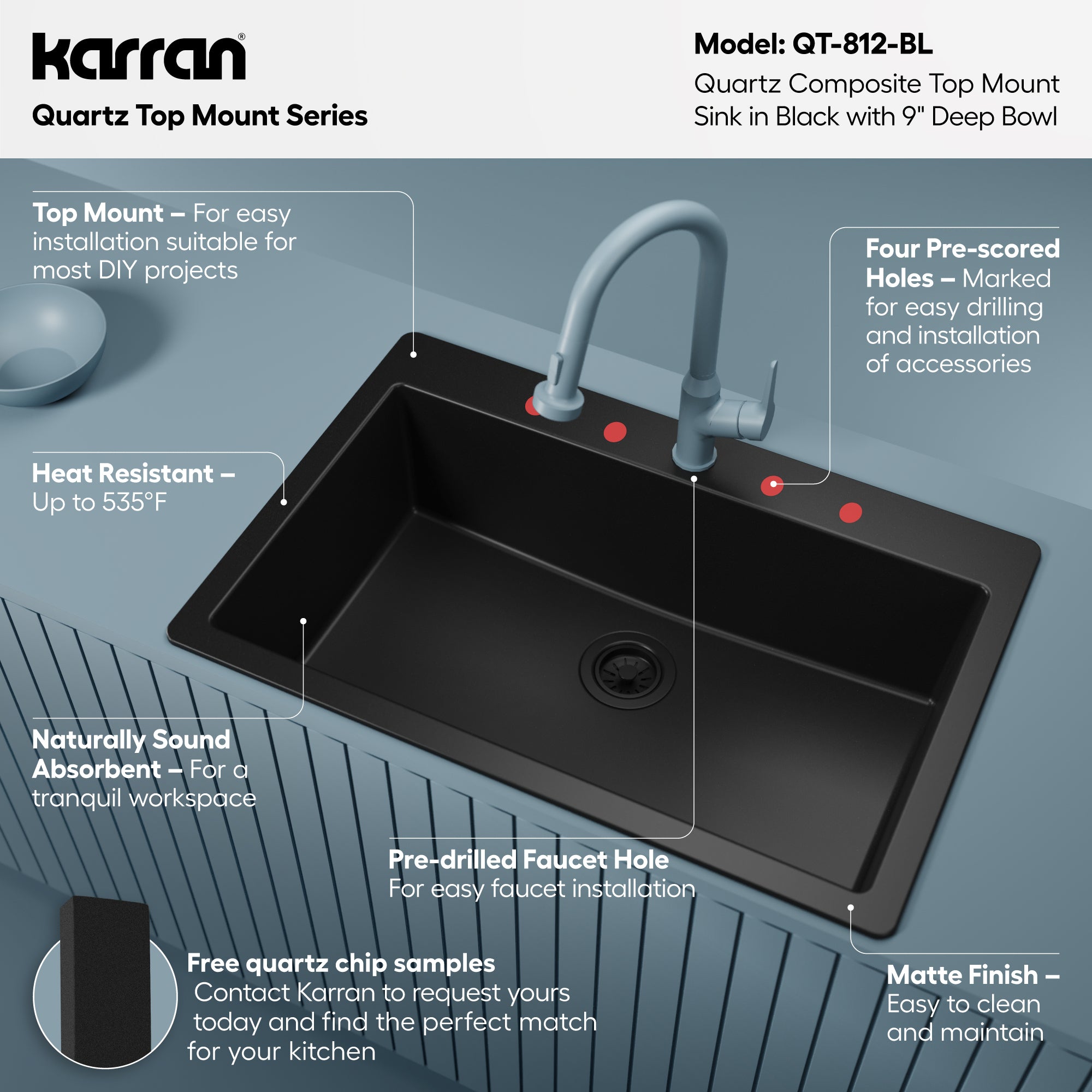 Alternative View of Karran 33" Drop In/Topmount Quartz Composite Kitchen Sink, Black, QT-812-BL