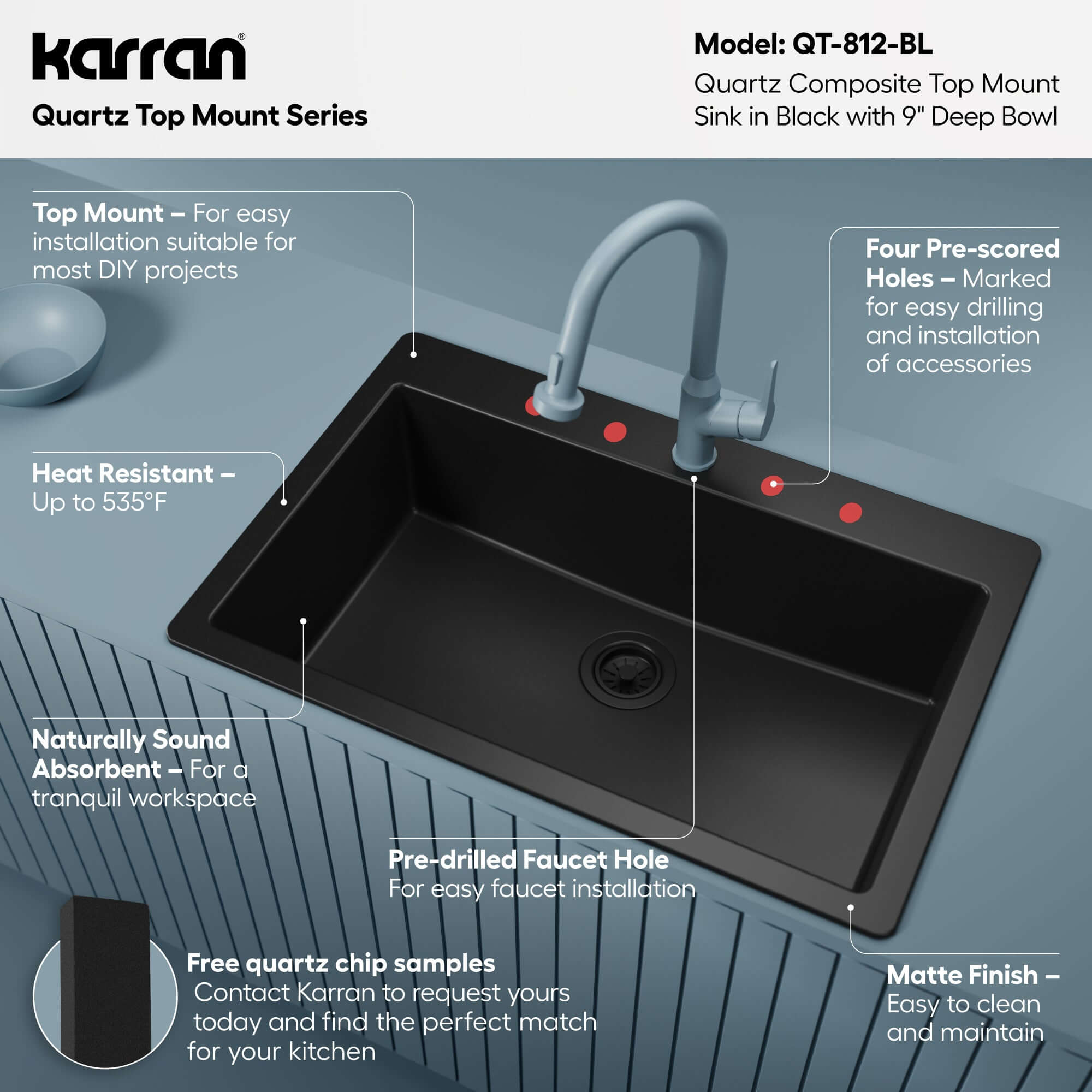 Alternative View of Karran 33" Drop In/Topmount Quartz Composite Kitchen Sink, Black, QT-812-BL