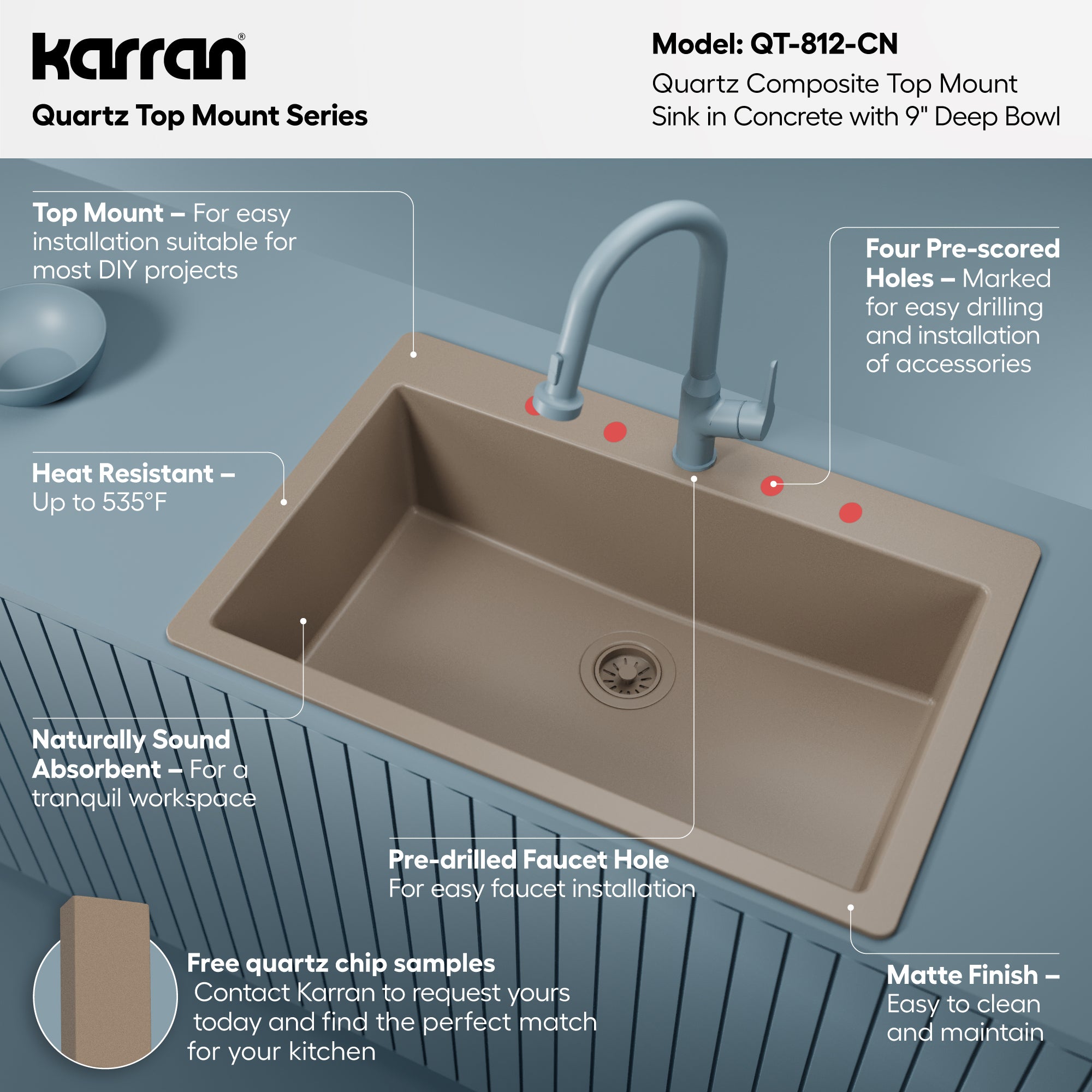 Alternative View of Karran 33" Drop In/Topmount Quartz Composite Kitchen Sink, Concrete, QT-812-CN