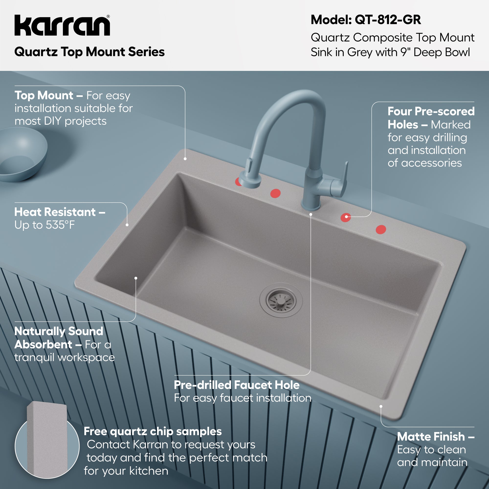 Alternative View of Karran 33" Drop In/Topmount Quartz Composite Kitchen Sink, Grey, QT-812-GR