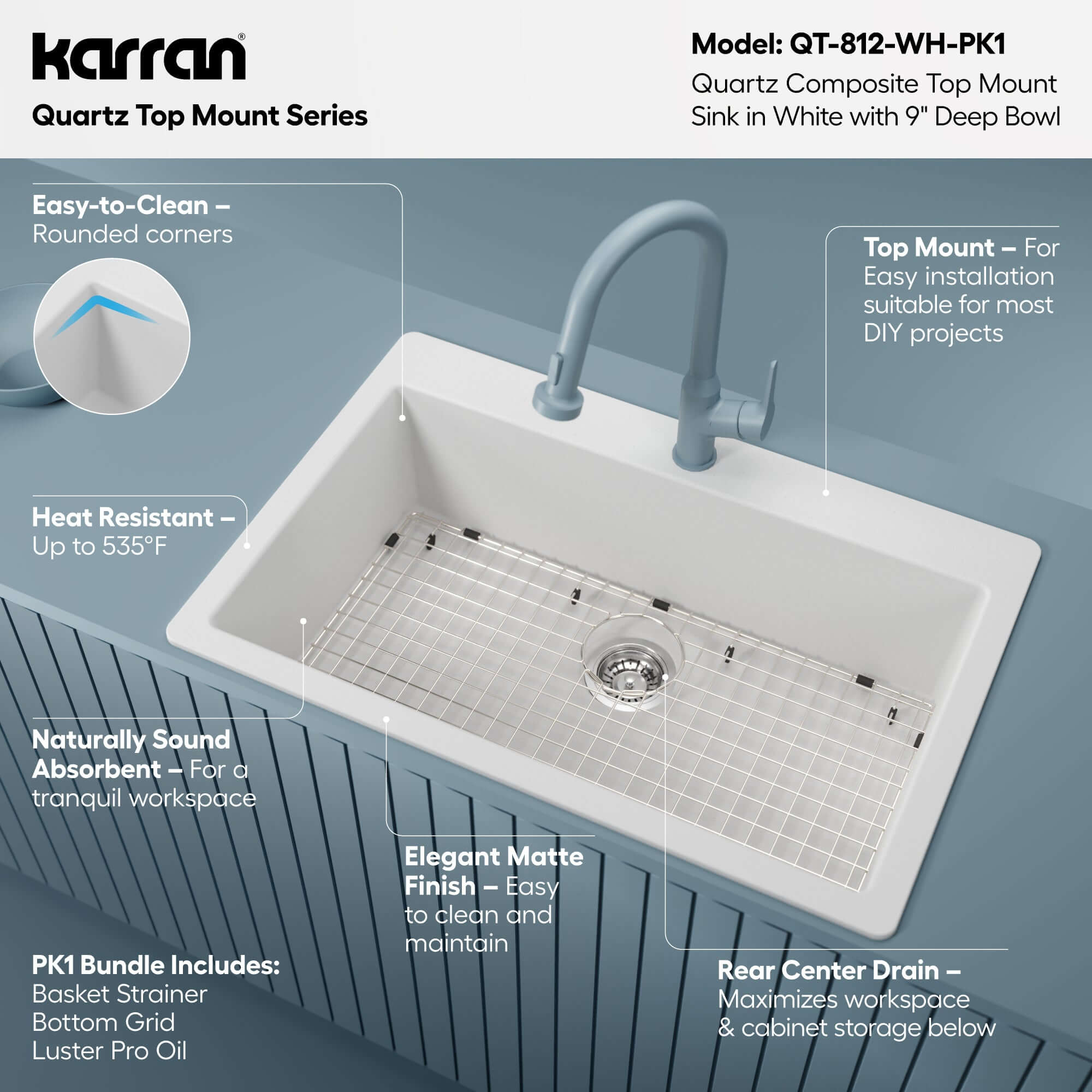 Alternative View of Karran 33" Drop In/Topmount Quartz Composite Kitchen Sink with Accessories, White, QT-812-WH-PK1