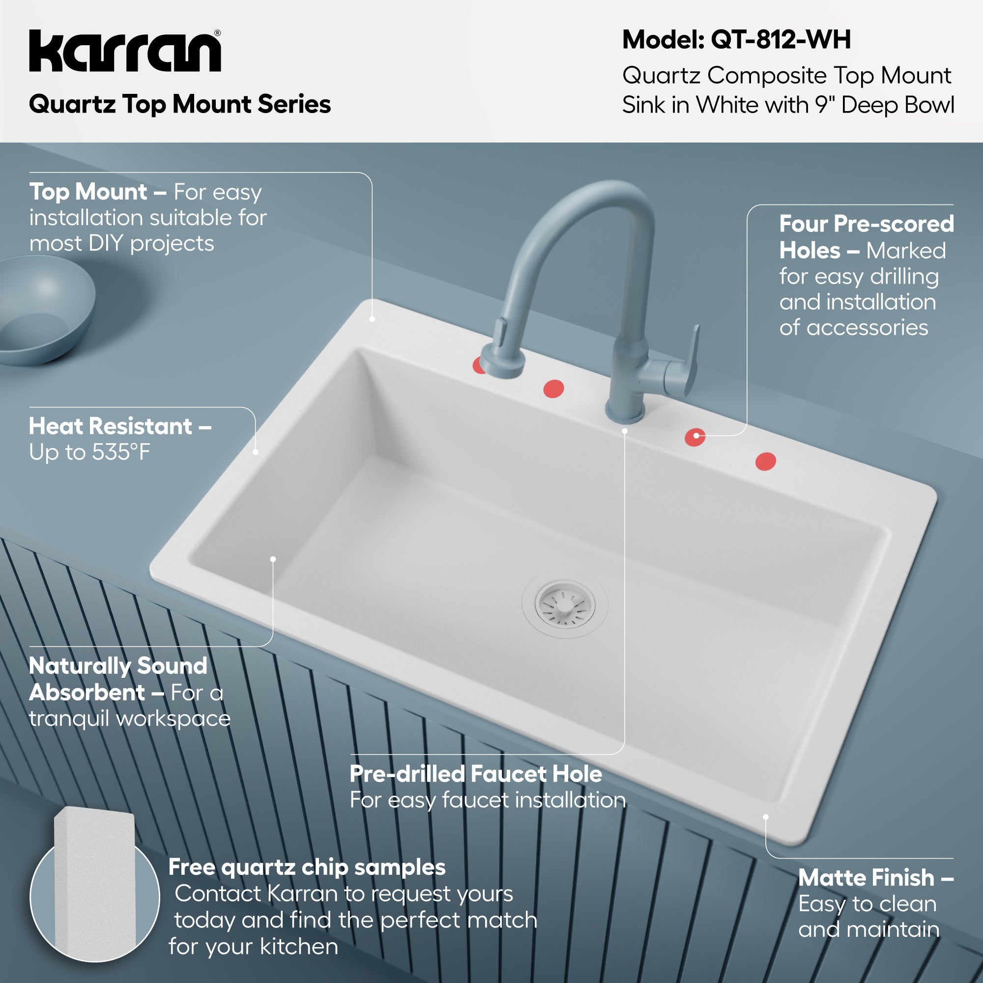 Alternative View of Karran 33" Drop In/Topmount Quartz Composite Kitchen Sink, White, QT-812-WH