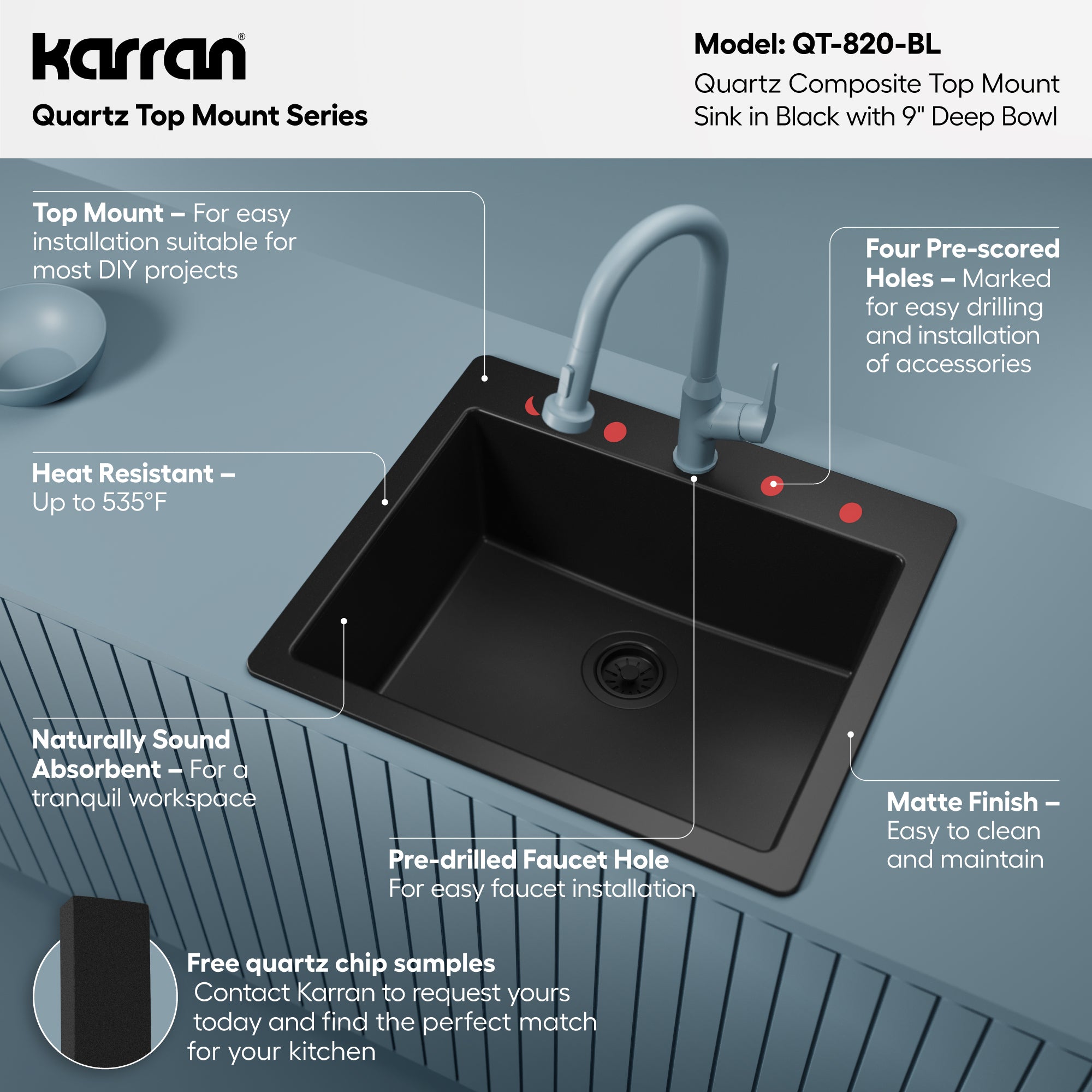 Alternative View of Karran 25" Drop In/Topmount Quartz Composite Kitchen Sink, Black, QT-820-BL