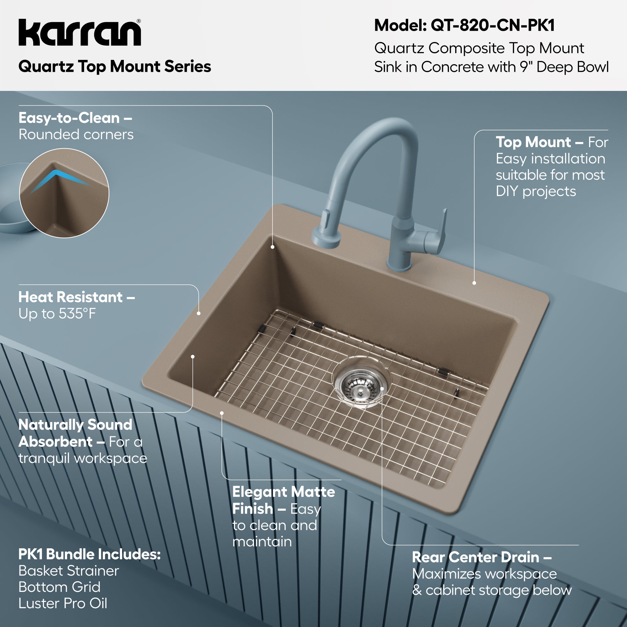 Alternative View of Karran 25" Drop In/Topmount Quartz Composite Kitchen Sink with Accessories, Concrete, QT-820-CN-PK1