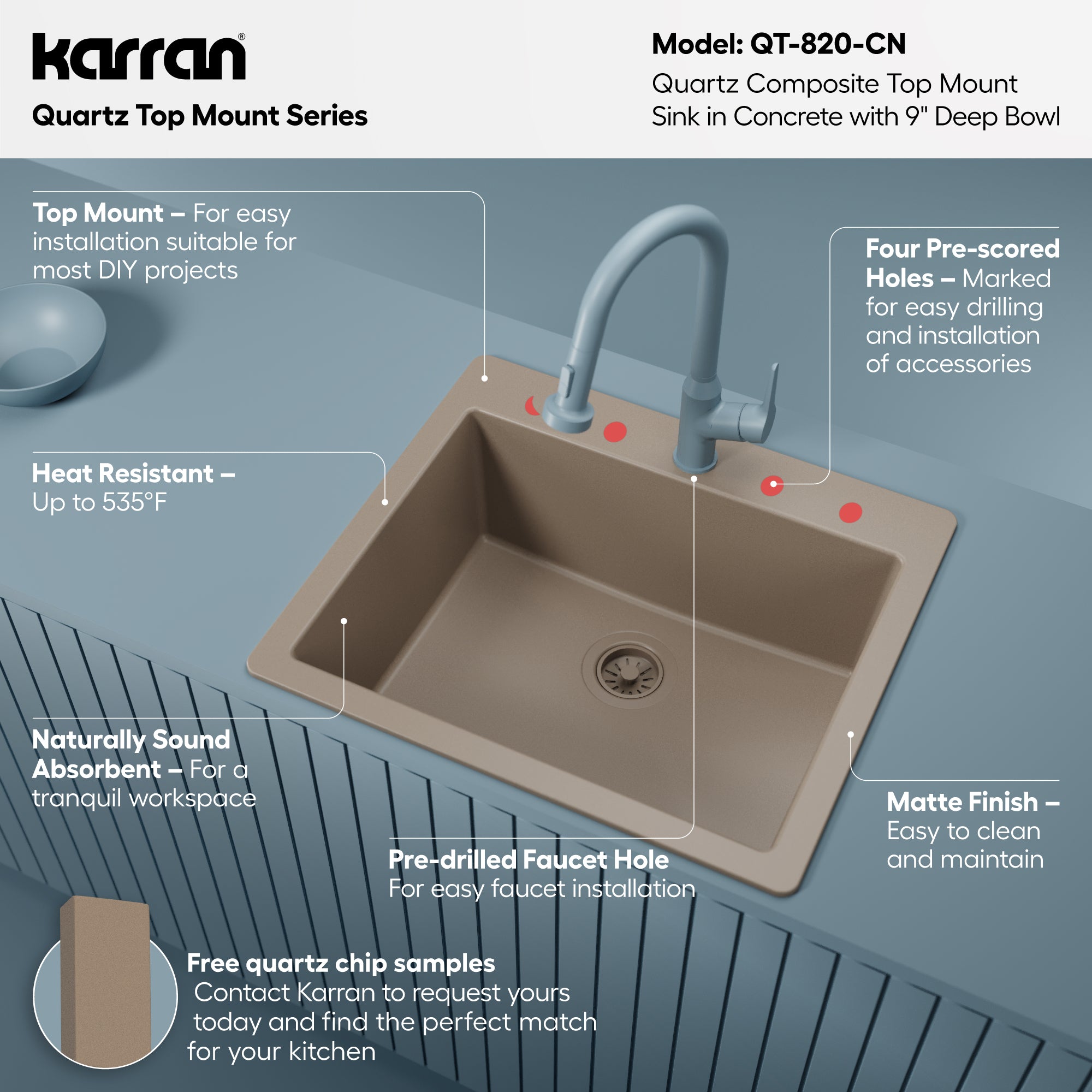 Alternative View of Karran 25" Drop In/Topmount Quartz Composite Kitchen Sink, Concrete, QT-820-CN