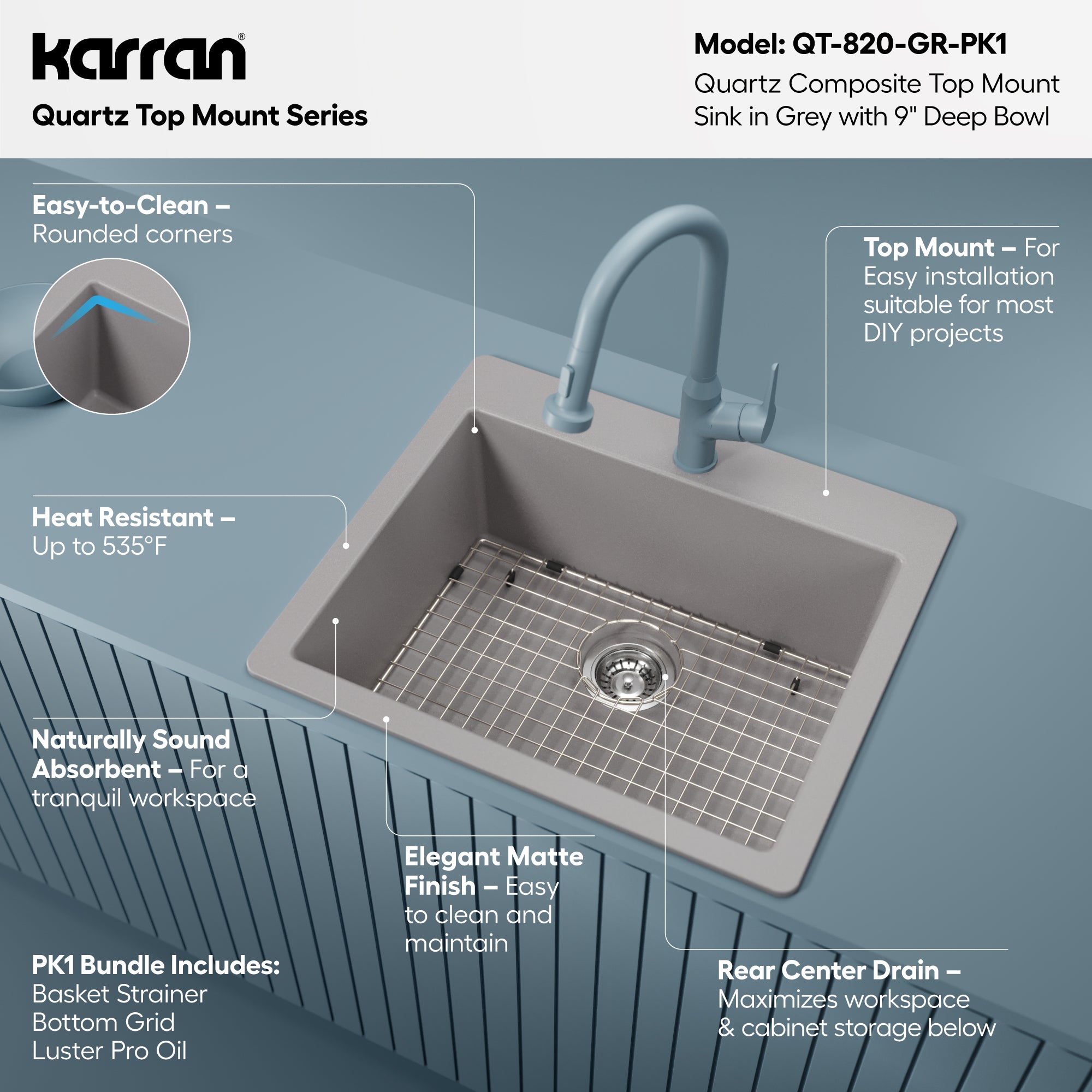 Alternative View of Karran 25" Drop In/Topmount Quartz Composite Kitchen Sink with Accessories, Grey, QT-820-GR-PK1