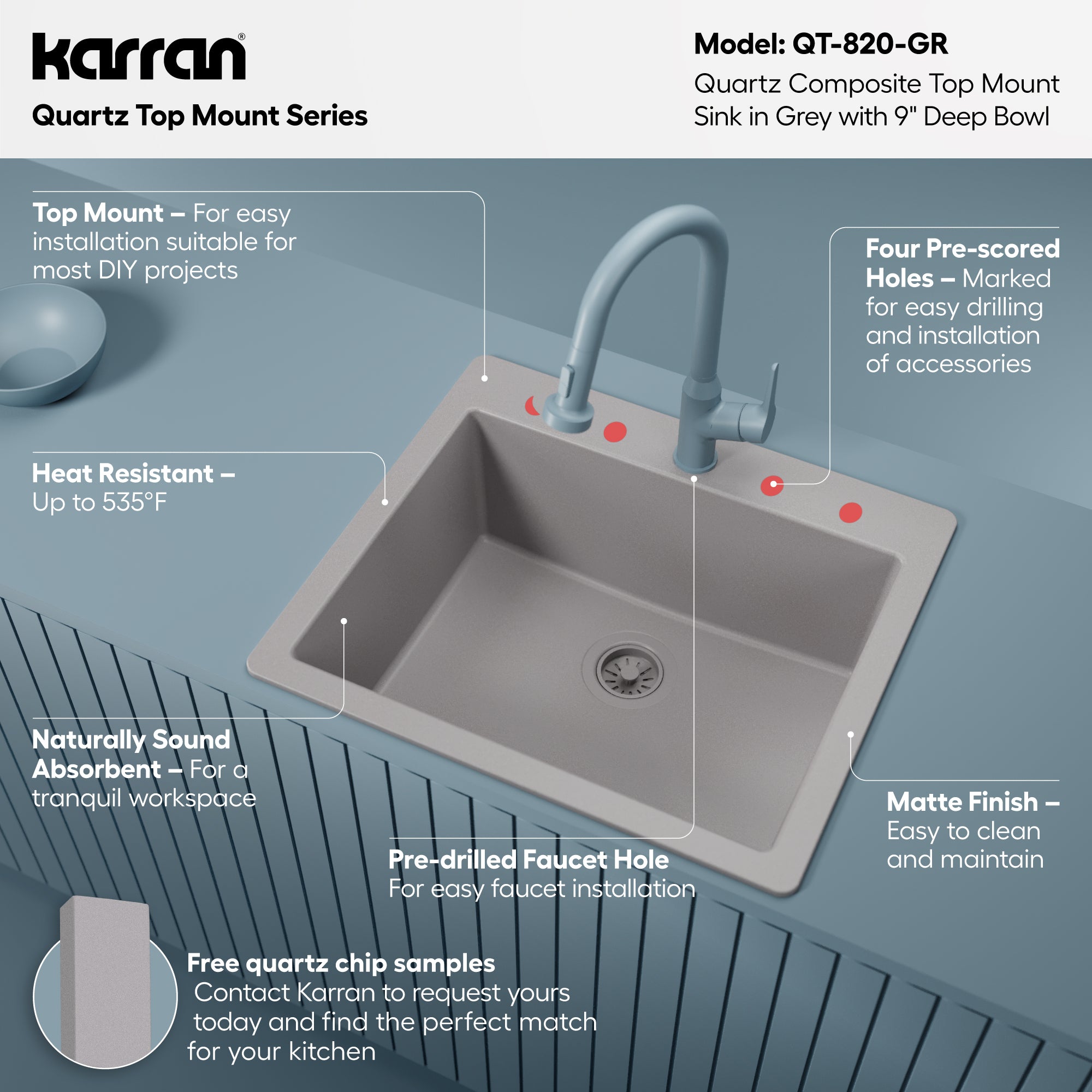 Alternative View of Karran 25" Drop In/Topmount Quartz Composite Kitchen Sink, Grey, QT-820-GR