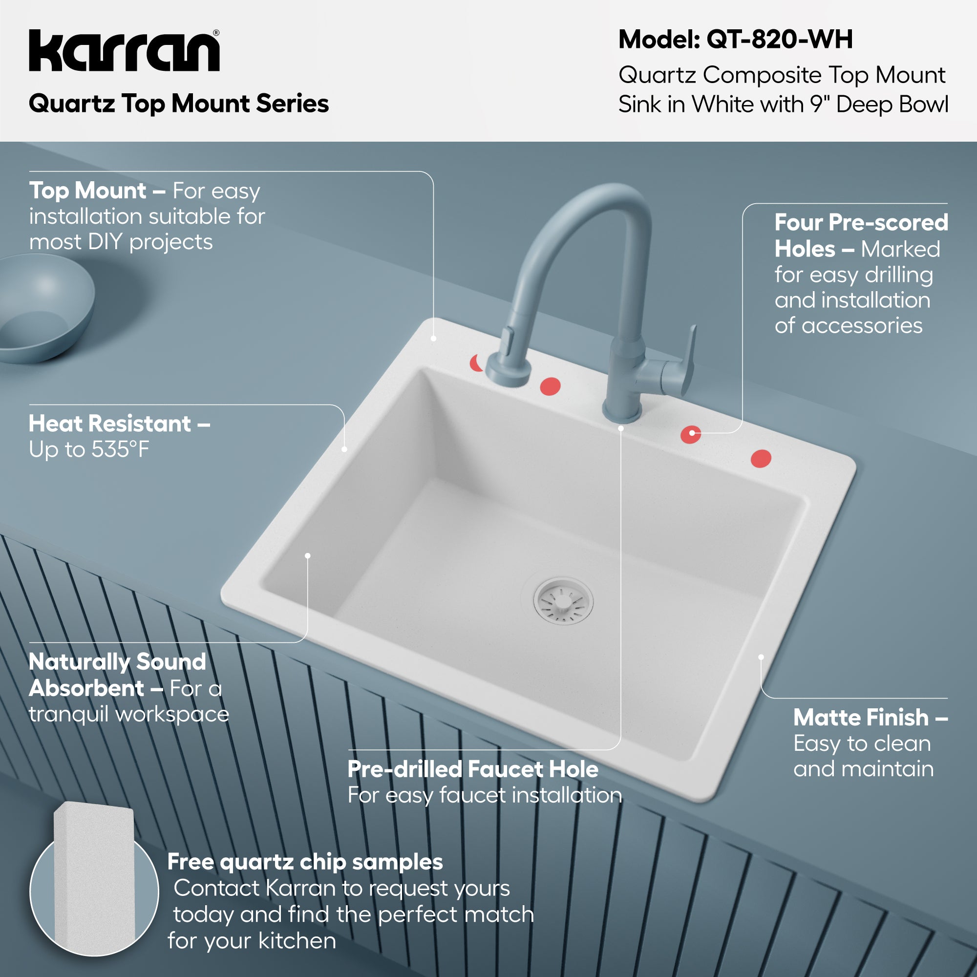 Alternative View of Karran 25" Drop In/Topmount Quartz Composite Kitchen Sink, White, QT-820-WH