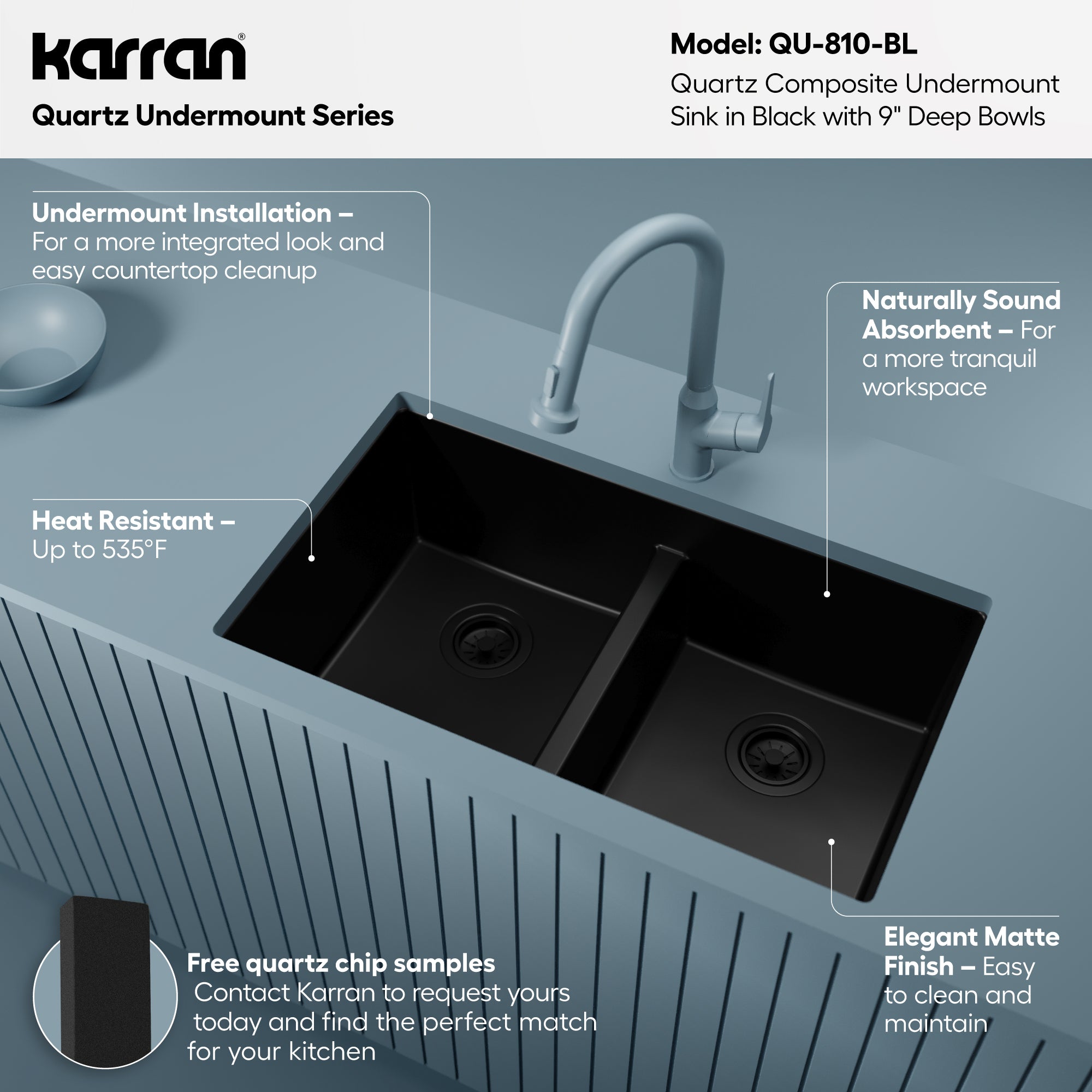 Alternative View of Karran 32" Undermount Quartz Composite Kitchen Sink, 50/50 Double Bowl, Black, QU-810-BL