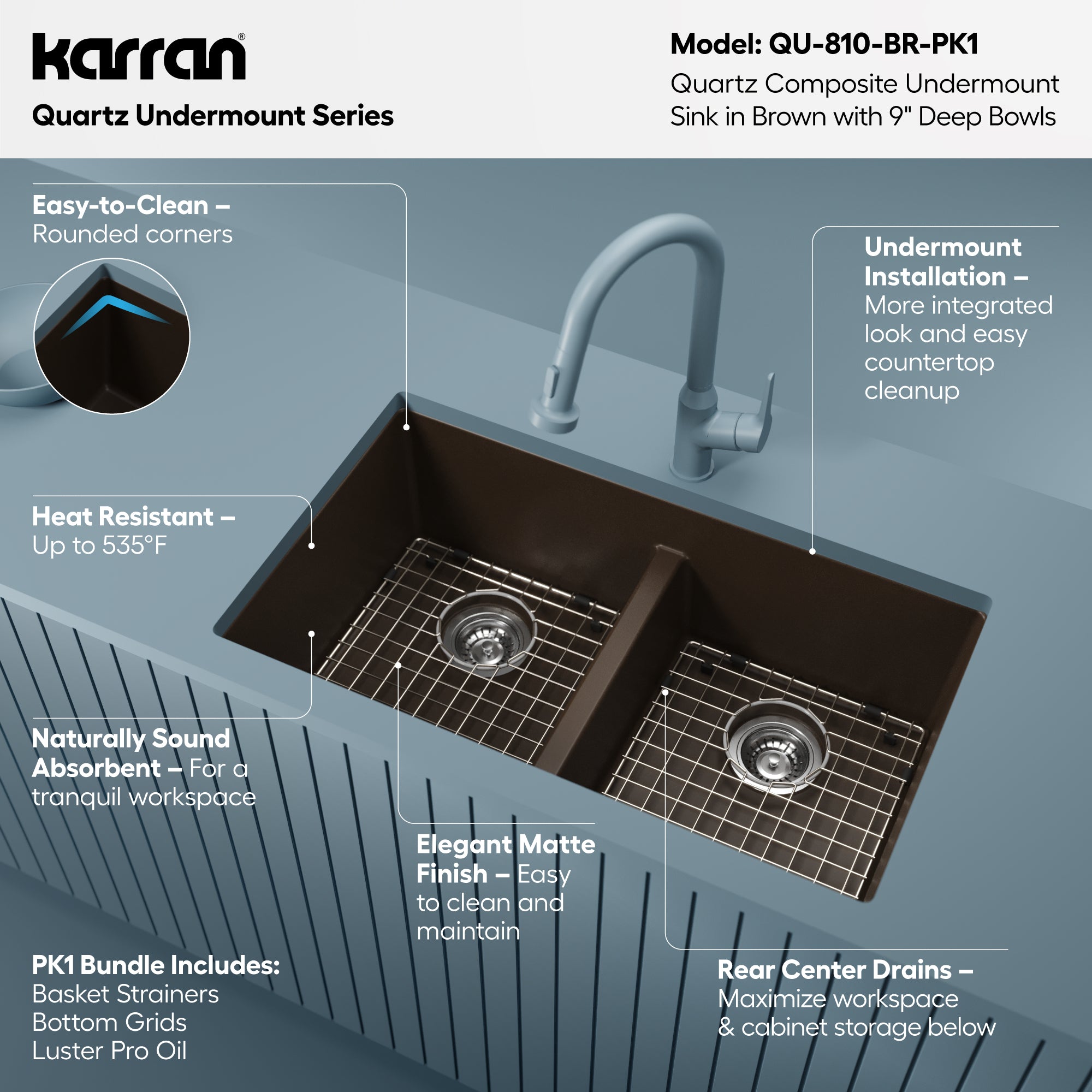 Alternative View of Karran 32" Undermount Quartz Composite Kitchen Sink with Accessories, 50/50 Double Bowl, Brown, QU-810-BR-PK1