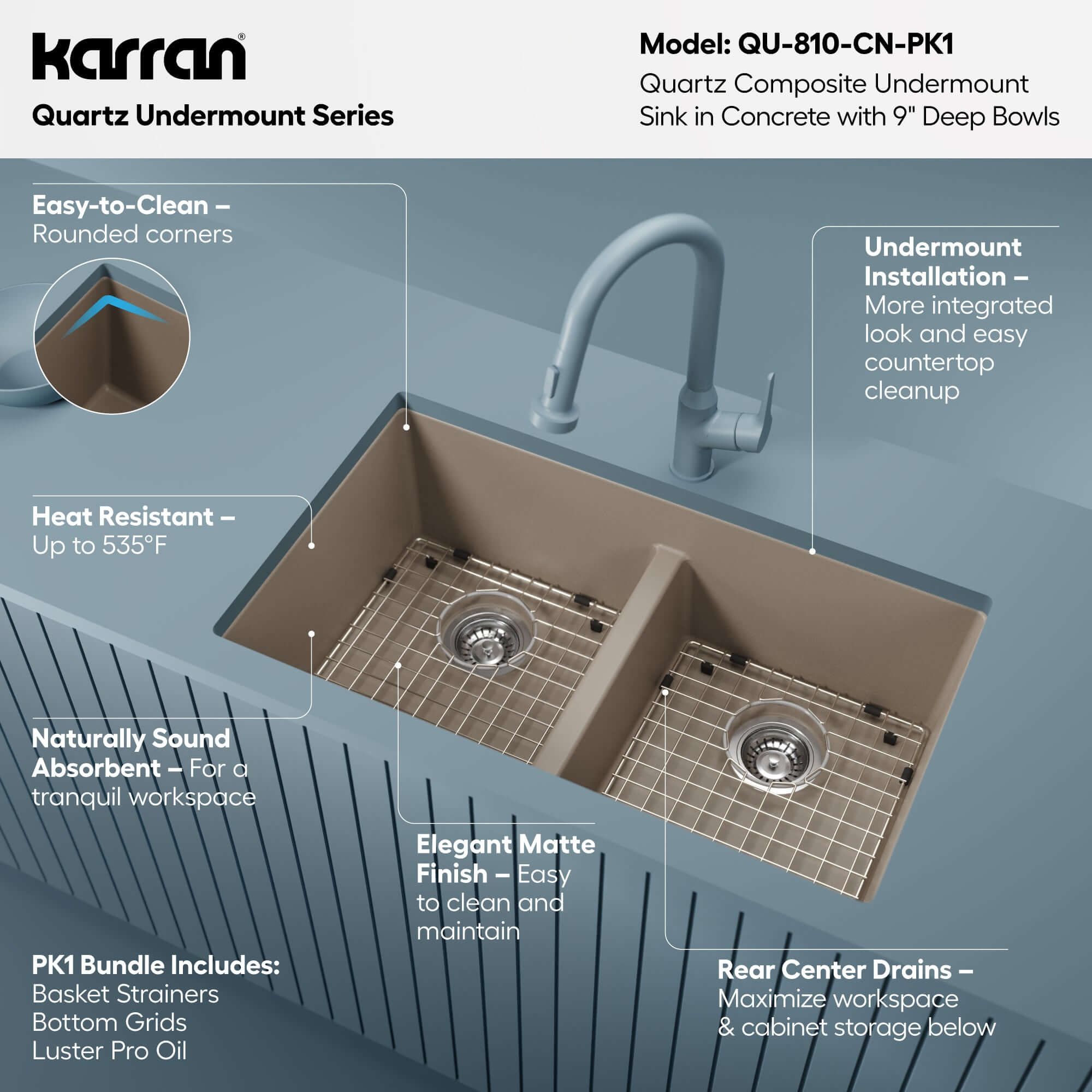 Alternative View of Karran 32" Undermount Quartz Composite Kitchen Sink with Accessories, 50/50 Double Bowl, Concrete, QU-810-CN-PK1