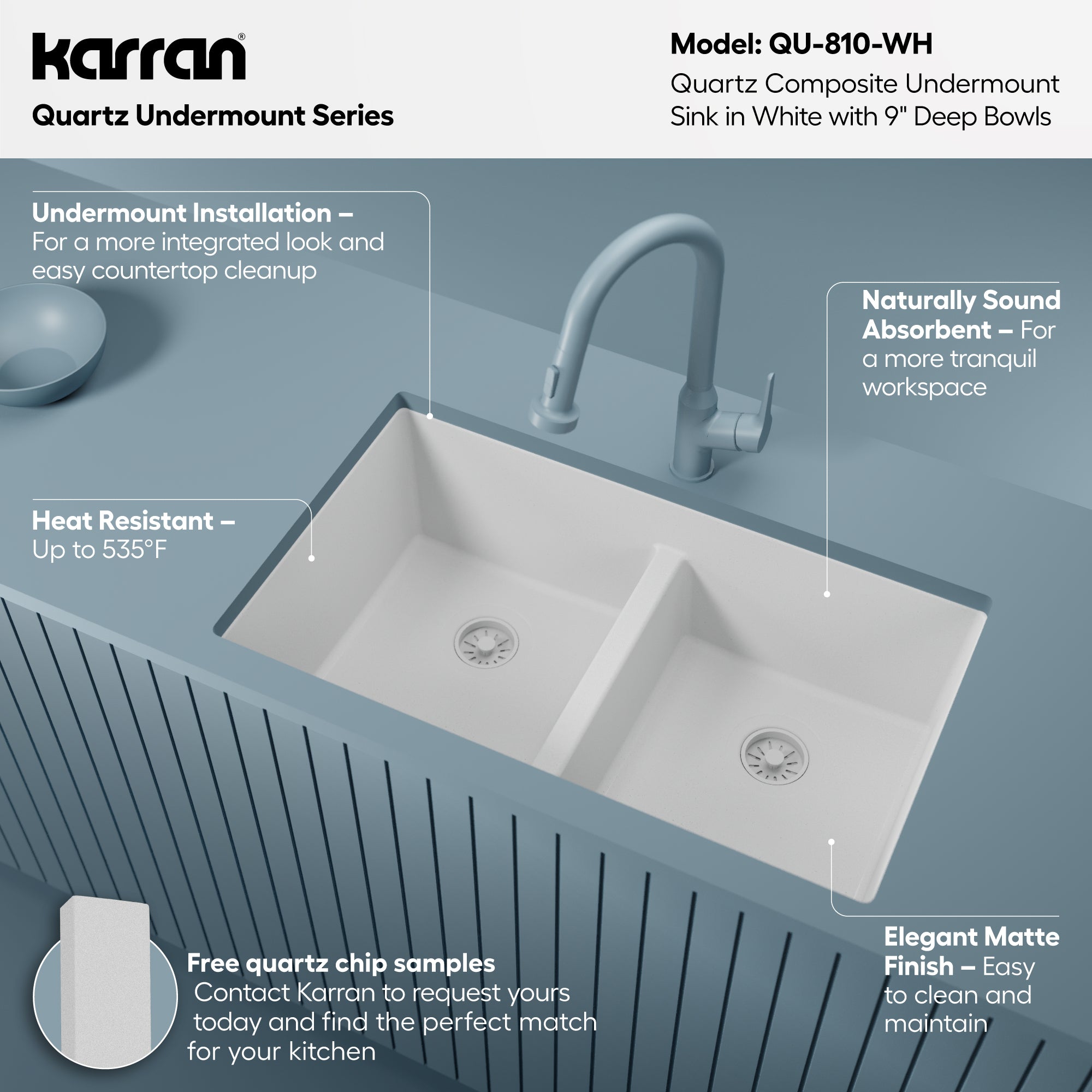 Alternative View of Karran 32" Undermount Quartz Composite Kitchen Sink, 50/50 Double Bowl, White, QU-810-WH