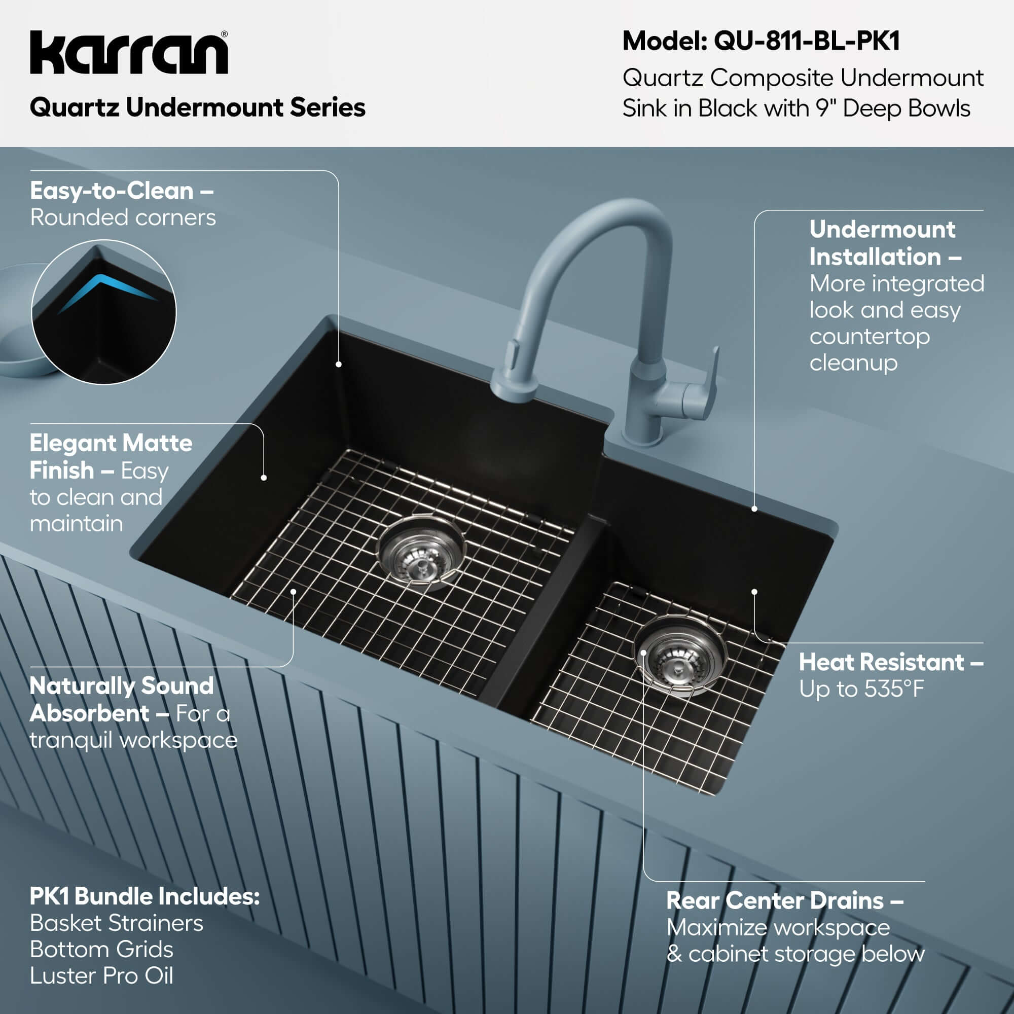 Alternative View of Karran 32" Undermount Quartz Composite Kitchen Sink with Accessories, 60/40 Double Bowl, Black, QU-811-BL-PK1