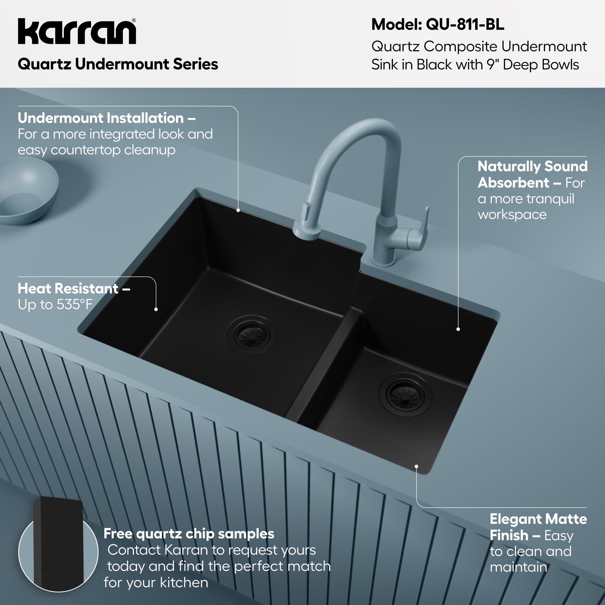 Alternative View of Karran 32" Undermount Quartz Composite Kitchen Sink, 60/40 Double Bowl, Black, QU-811-BL