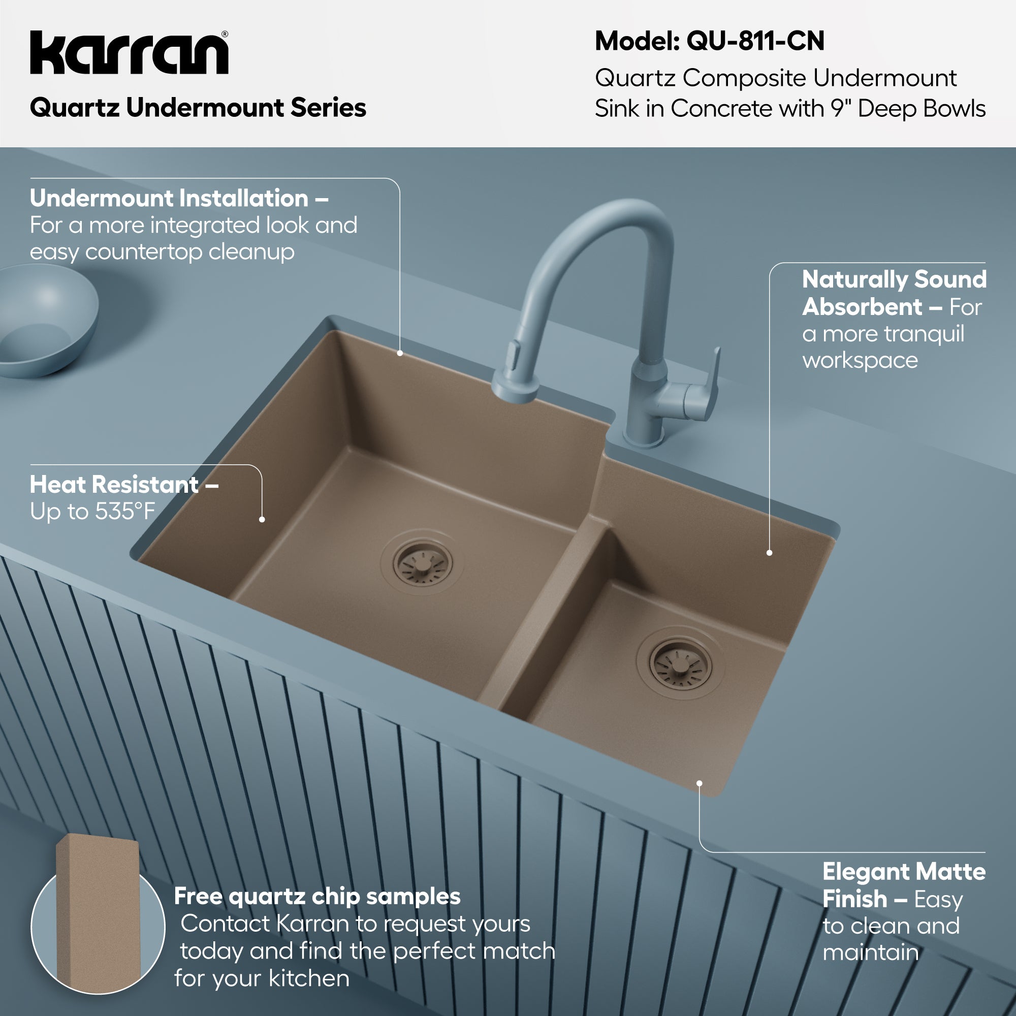 Alternative View of Karran 32" Undermount Quartz Composite Kitchen Sink, 60/40 Double Bowl, Concrete, QU-811-CN