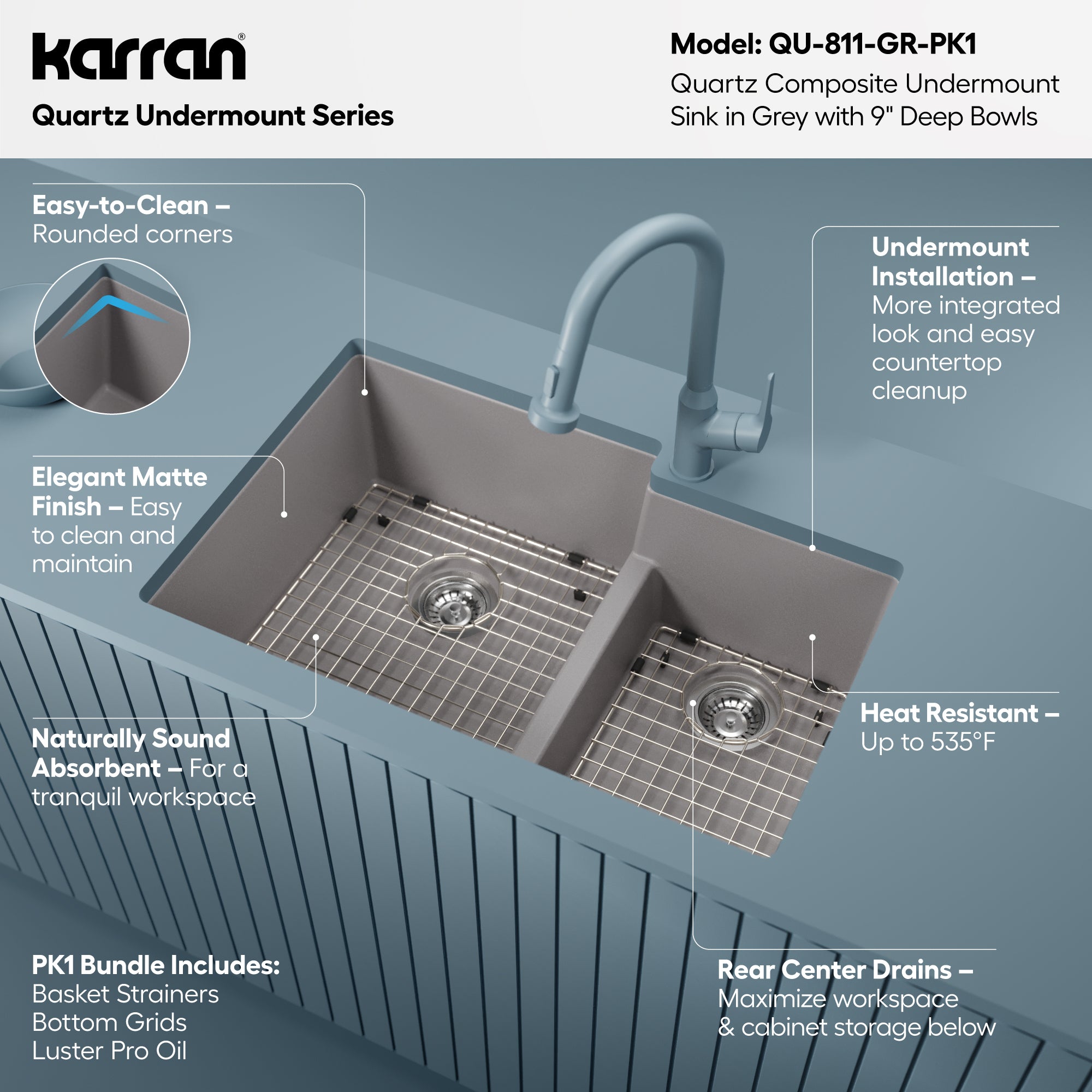Alternative View of Karran 32" Undermount Quartz Composite Kitchen Sink with Accessories, 60/40 Double Bowl, Grey, QU-811-GR-PK1