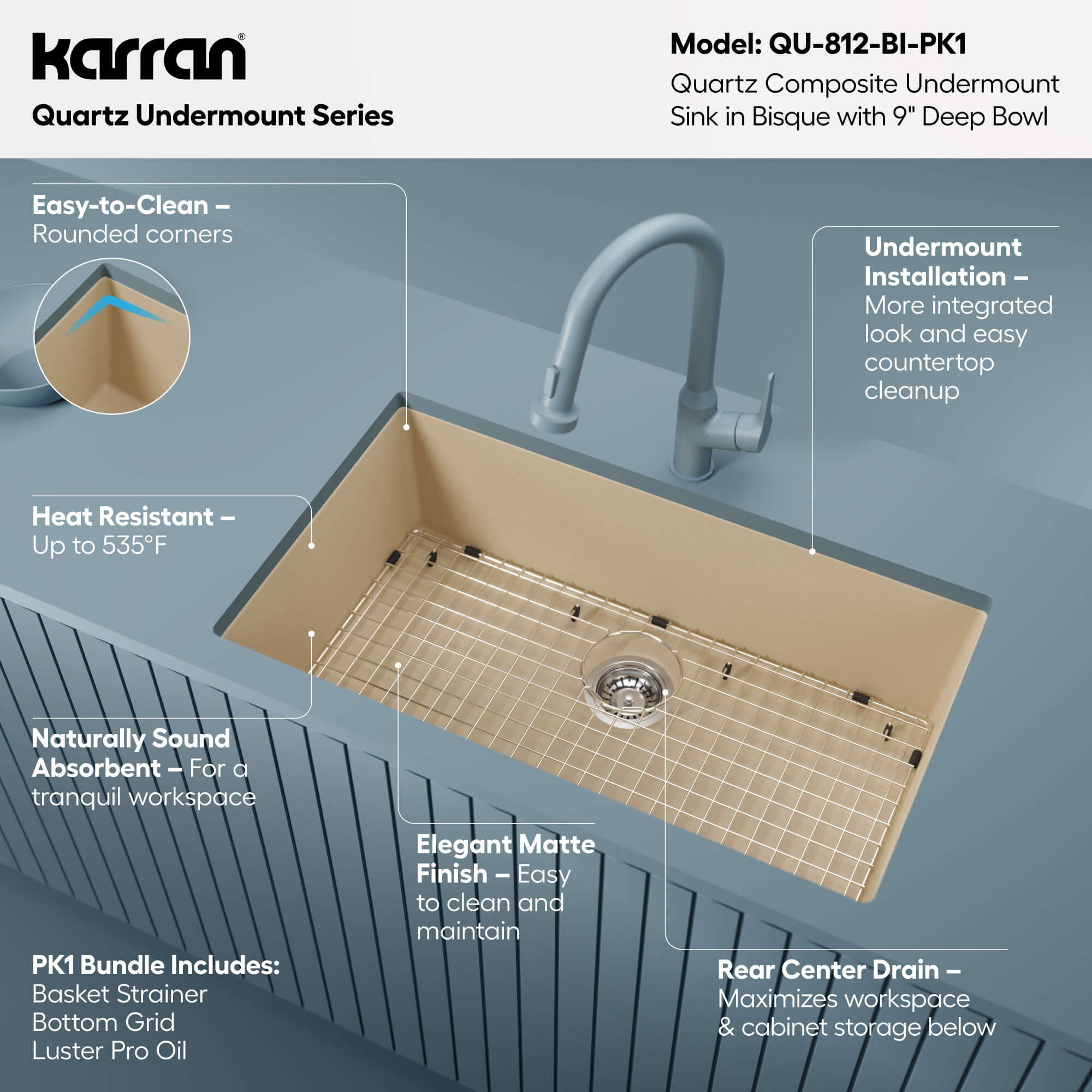 Alternative View of Karran 32" Undermount Quartz Composite Kitchen Sink with Accessories, Bisque, QU-812-BI-PK1