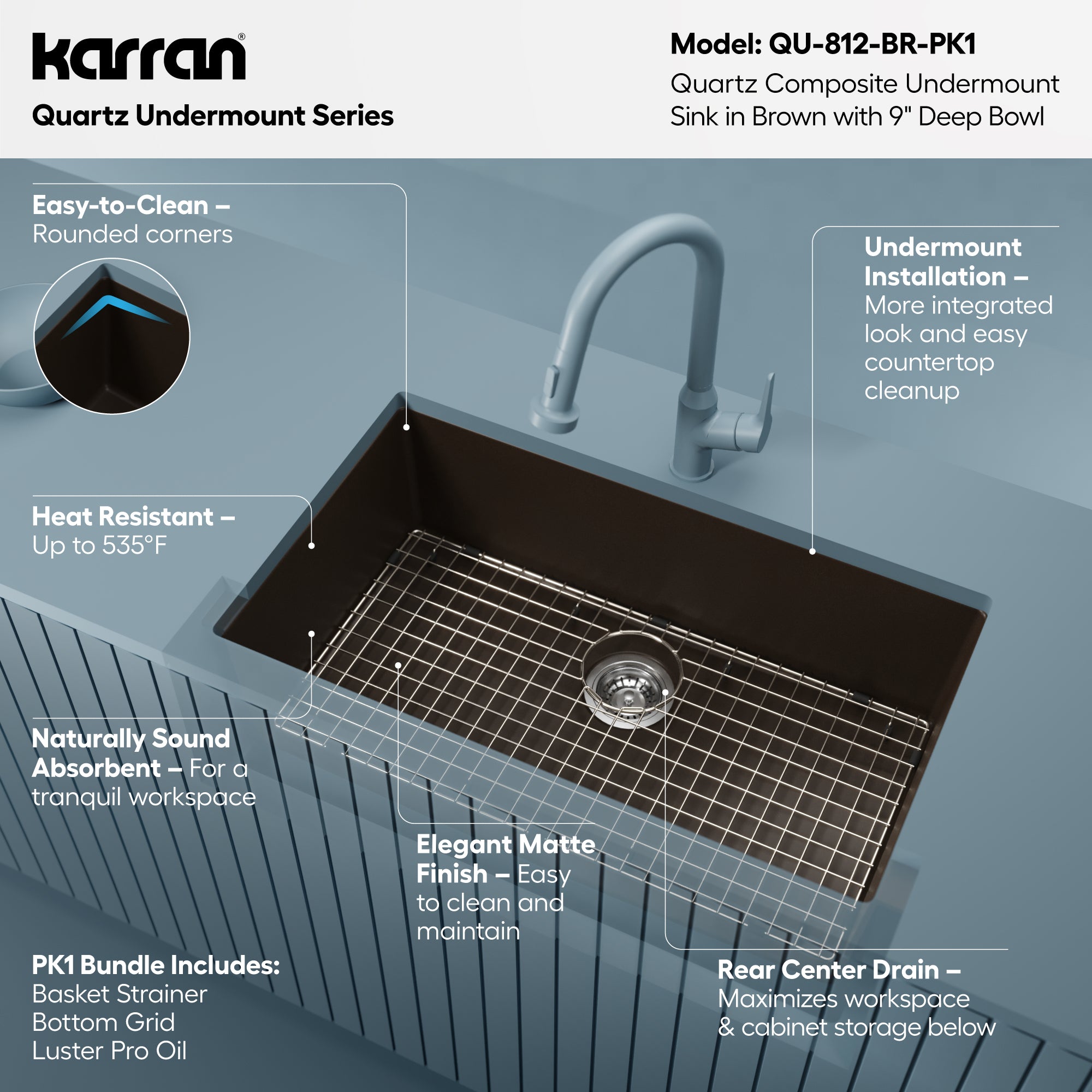 Alternative View of Karran 32" Undermount Quartz Composite Kitchen Sink with Accessories, Brown, QU-812-BR-PK1