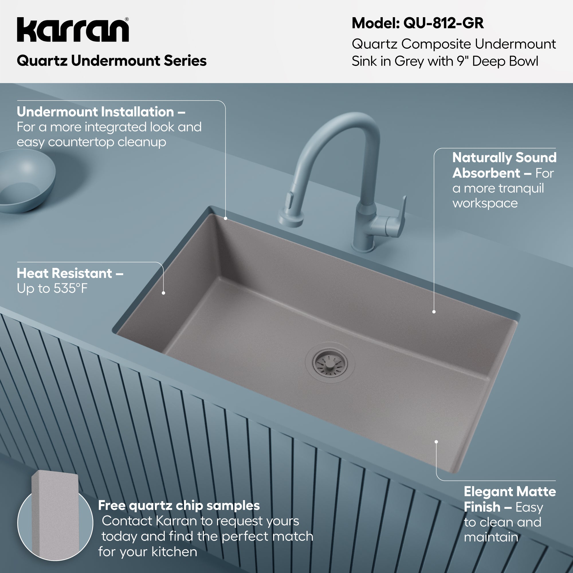 Alternative View of Karran 32" Undermount Quartz Composite Kitchen Sink, Grey, QU-812-GR