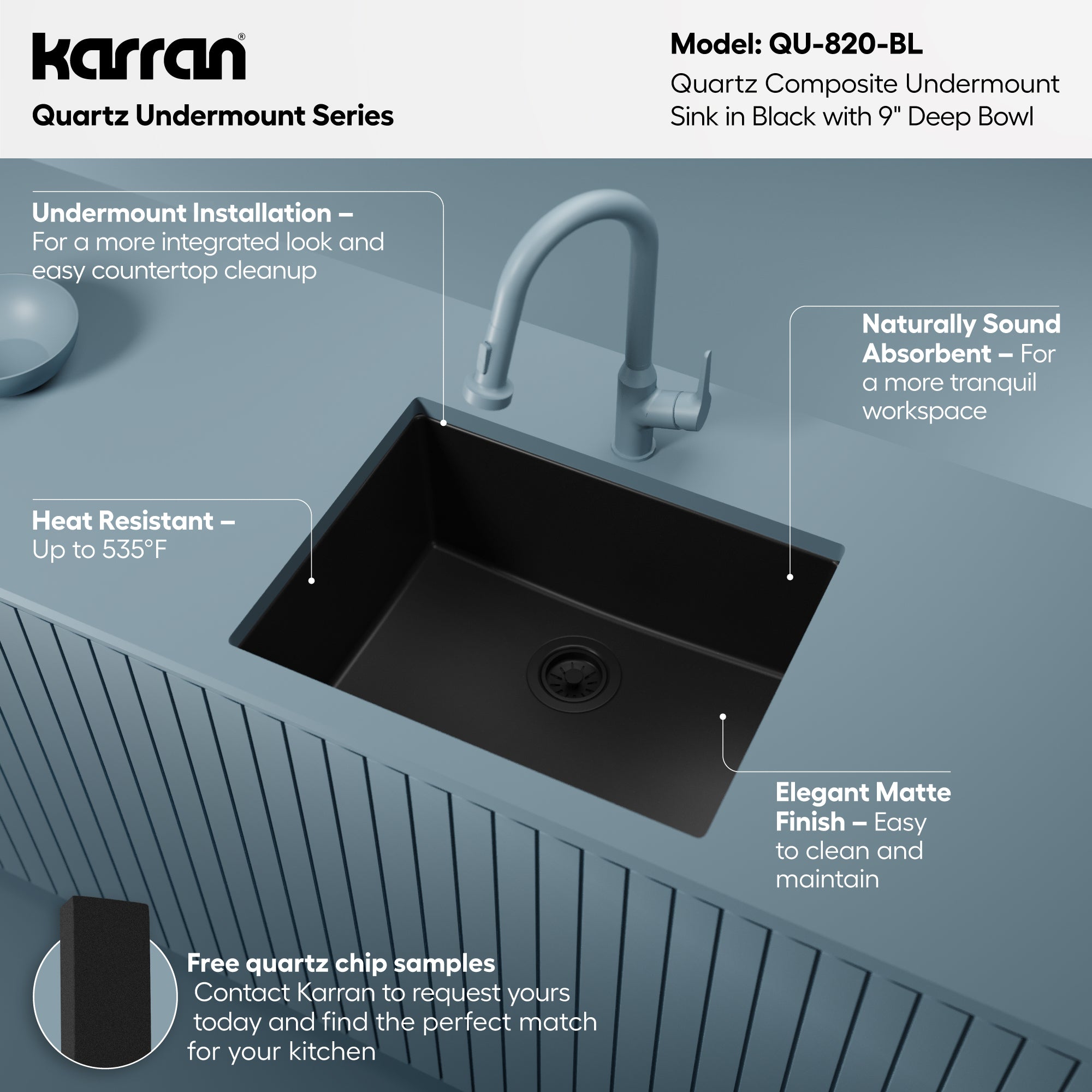 Alternative View of Karran 24" Undermount Quartz Composite Kitchen Sink, Black, QU-820-BL