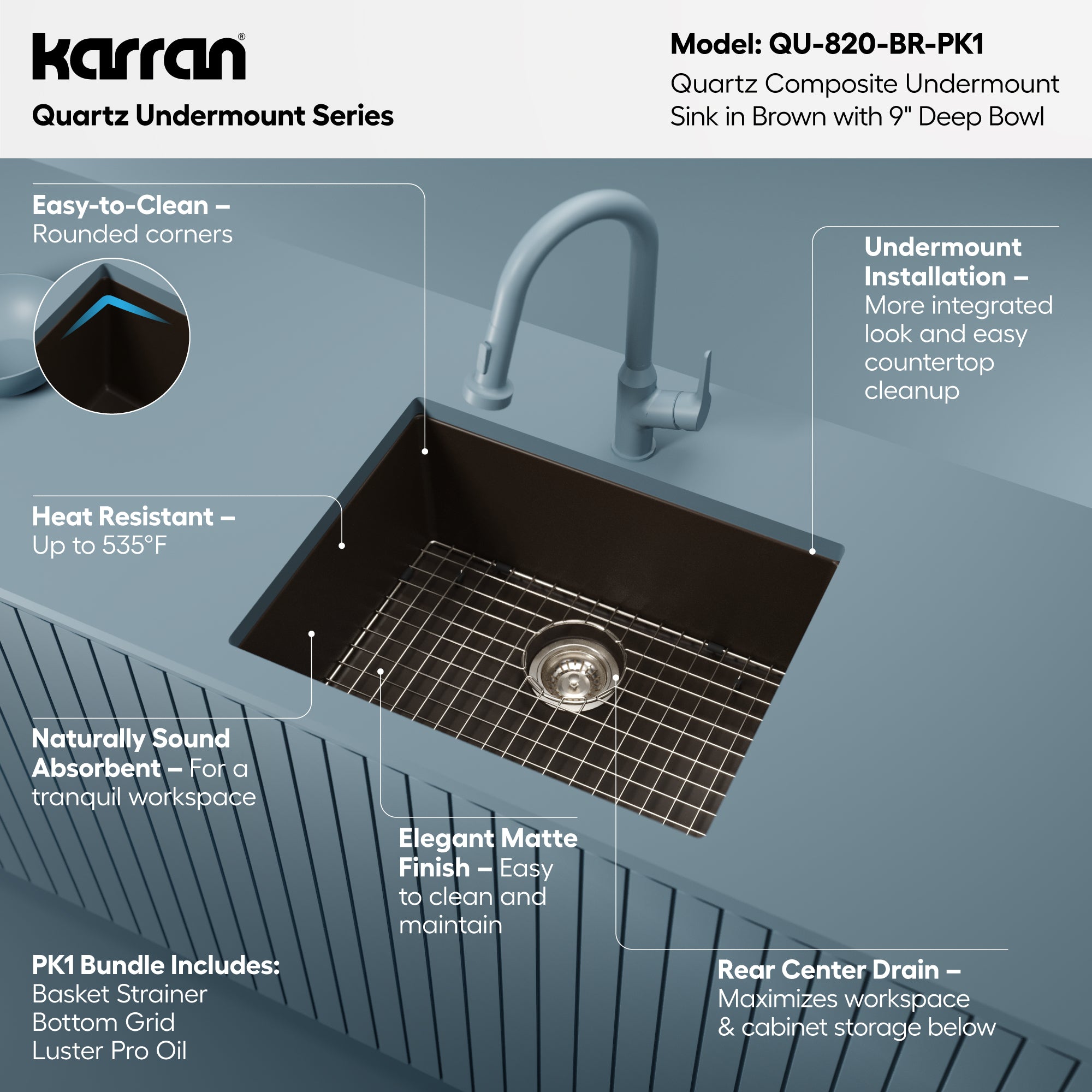 Alternative View of Karran 24" Undermount Quartz Composite Kitchen Sink with Accessories, Brown, QU-820-BR-PK1