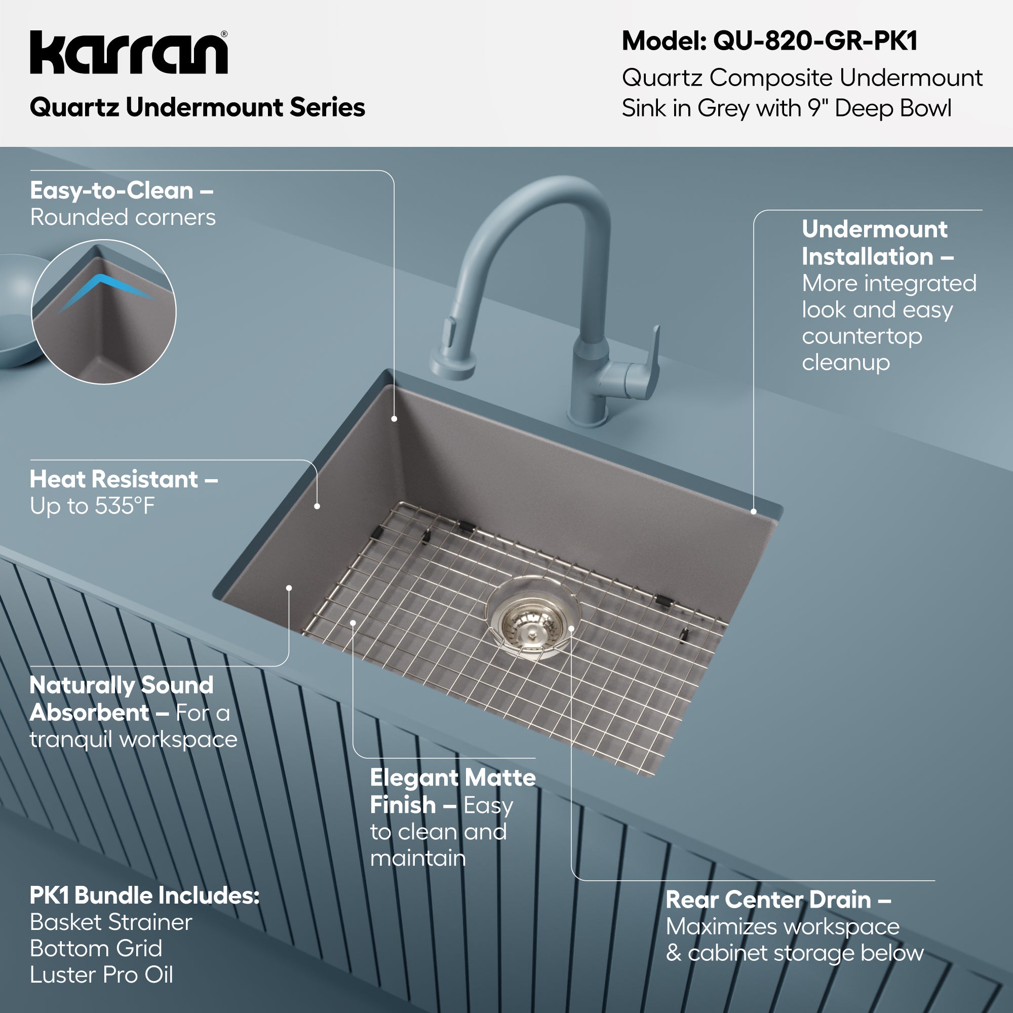 Alternative View of Karran 24" Undermount Quartz Composite Kitchen Sink with Accessories, Grey, QU-820-GR-PK1