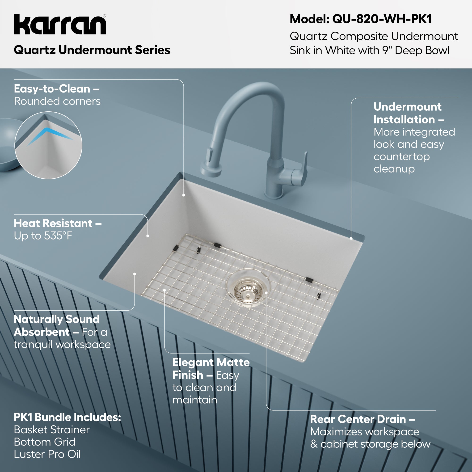 Alternative View of Karran 24" Undermount Quartz Composite Kitchen Sink with Accessories, White, QU-820-WH-PK1