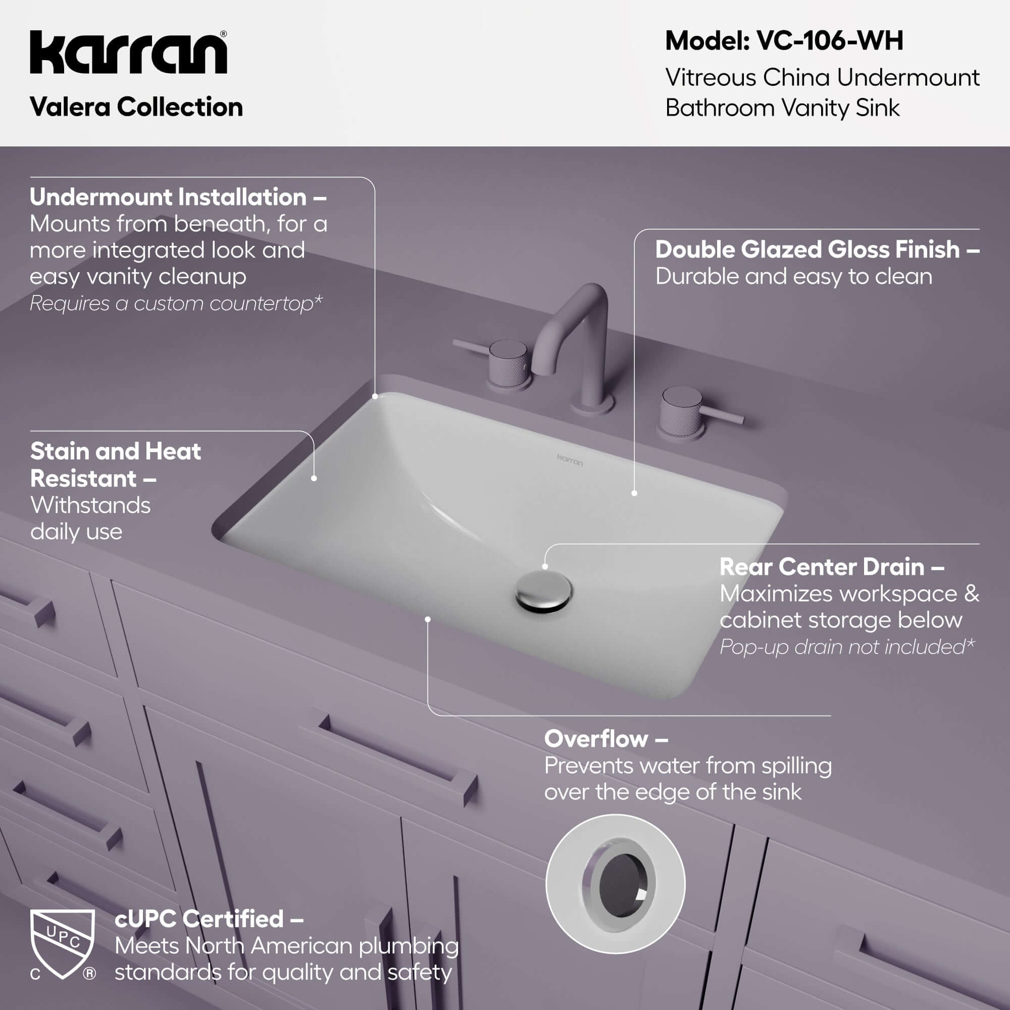 Karran 21 rectangular bathroom sink white informational image