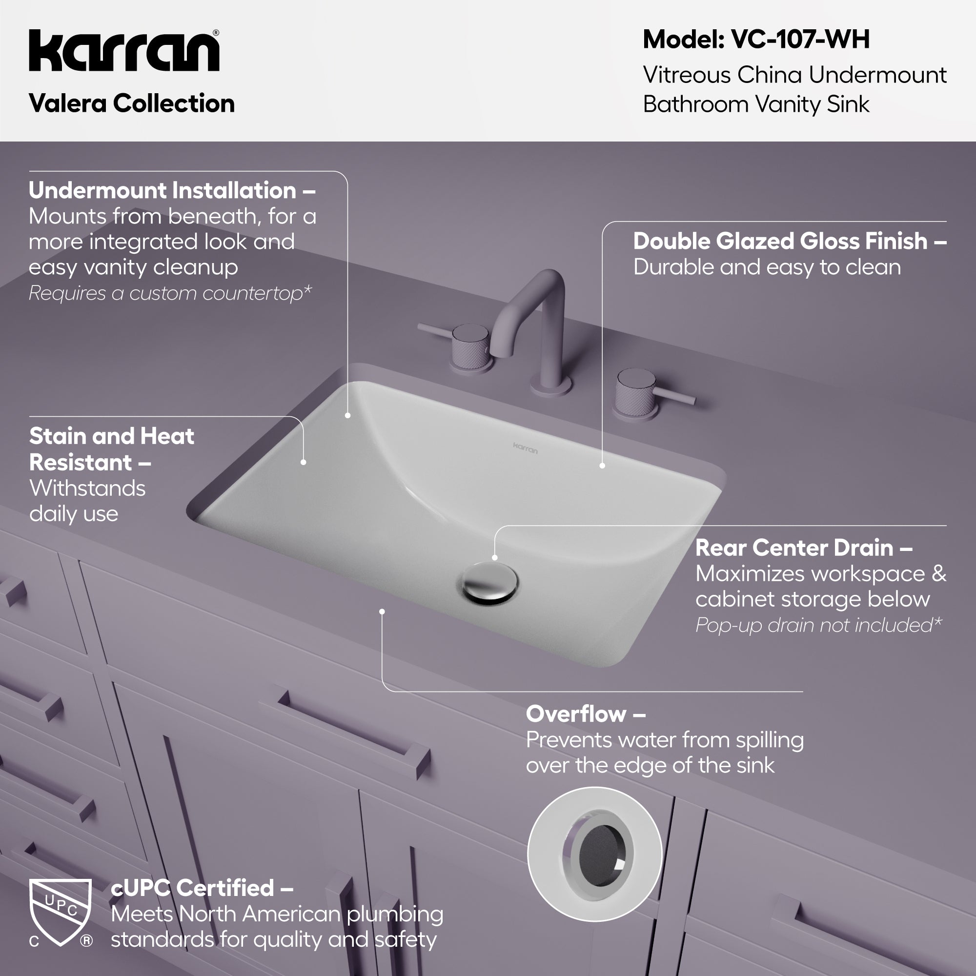 Karran Valera 15.375" x 20.5" Rectangular Undermount Vitreous China Bathroom Sink, White, VC-107-WH