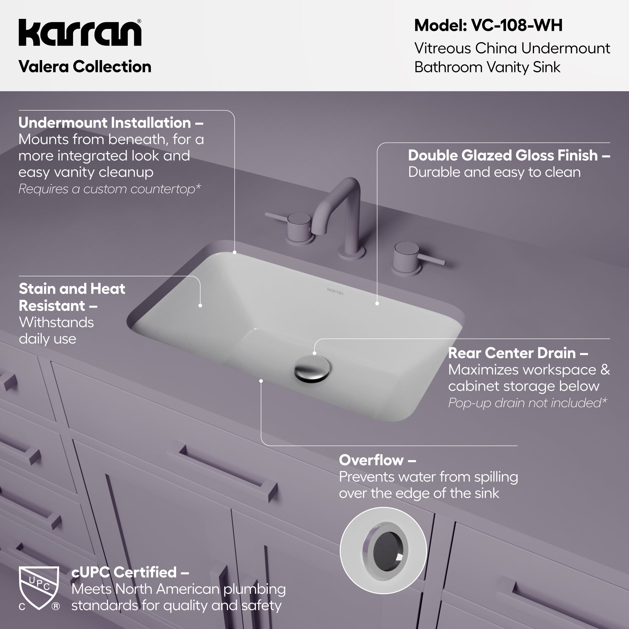 Karran 21 rectangular bathroom sink white informational image