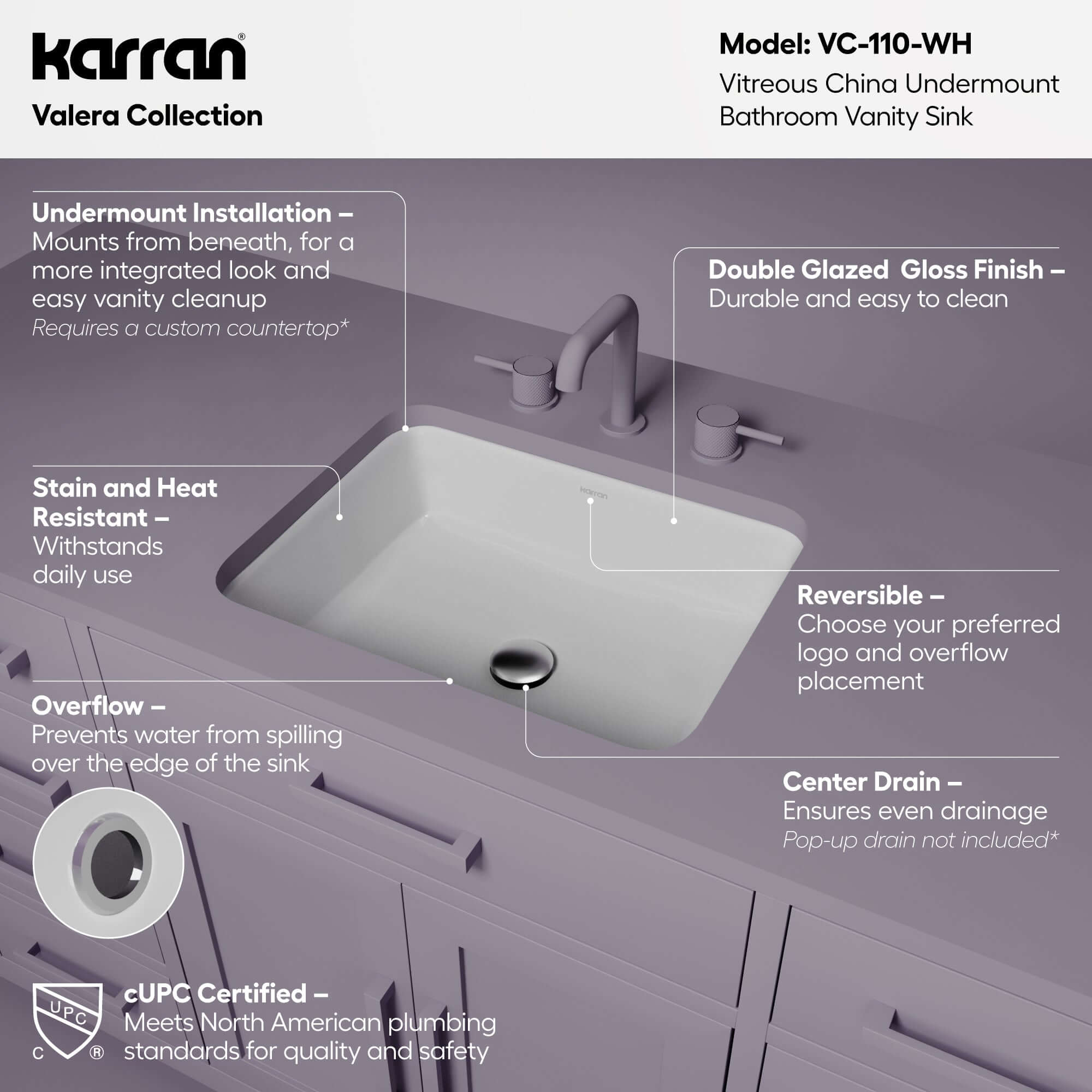 Karran 20 rectangular bathroom sink white informational image