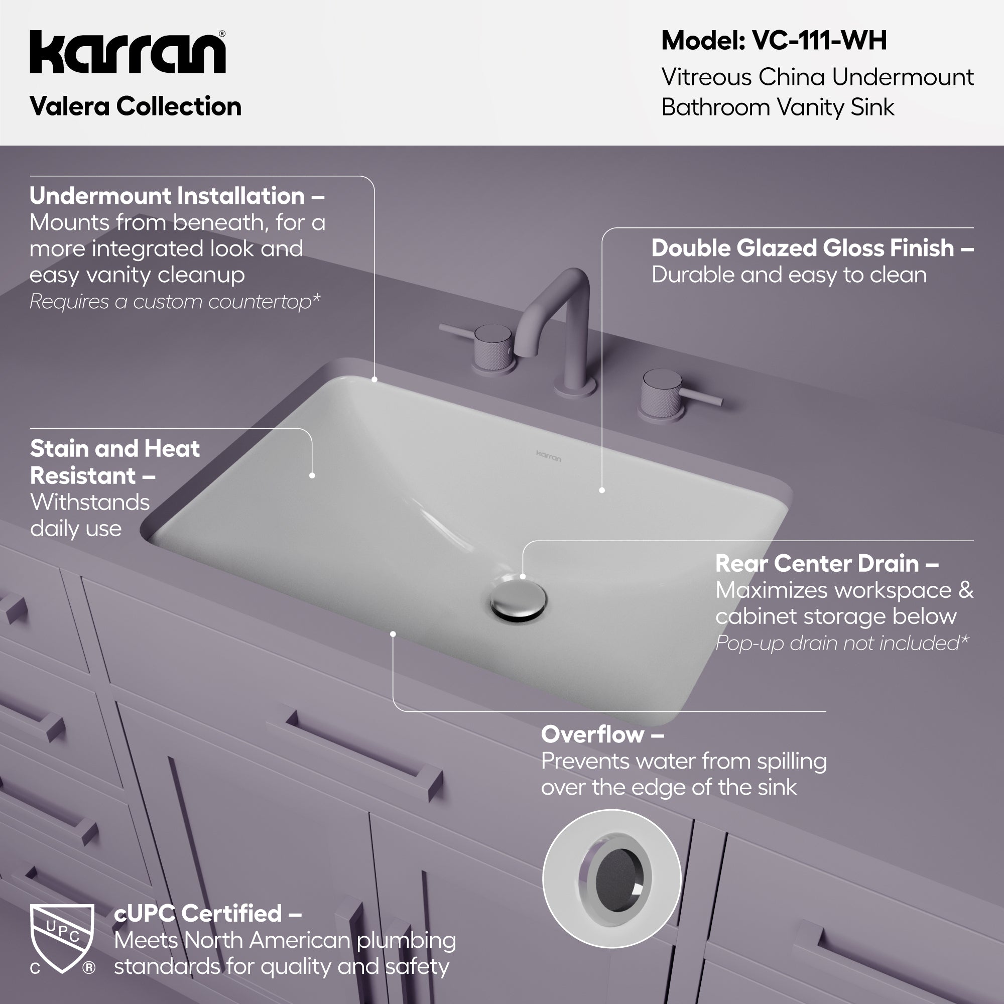 Karran Valera 14.5" x 20.5" Rectangular Undermount Vitreous China Bathroom Sink, White, VC-111-WH