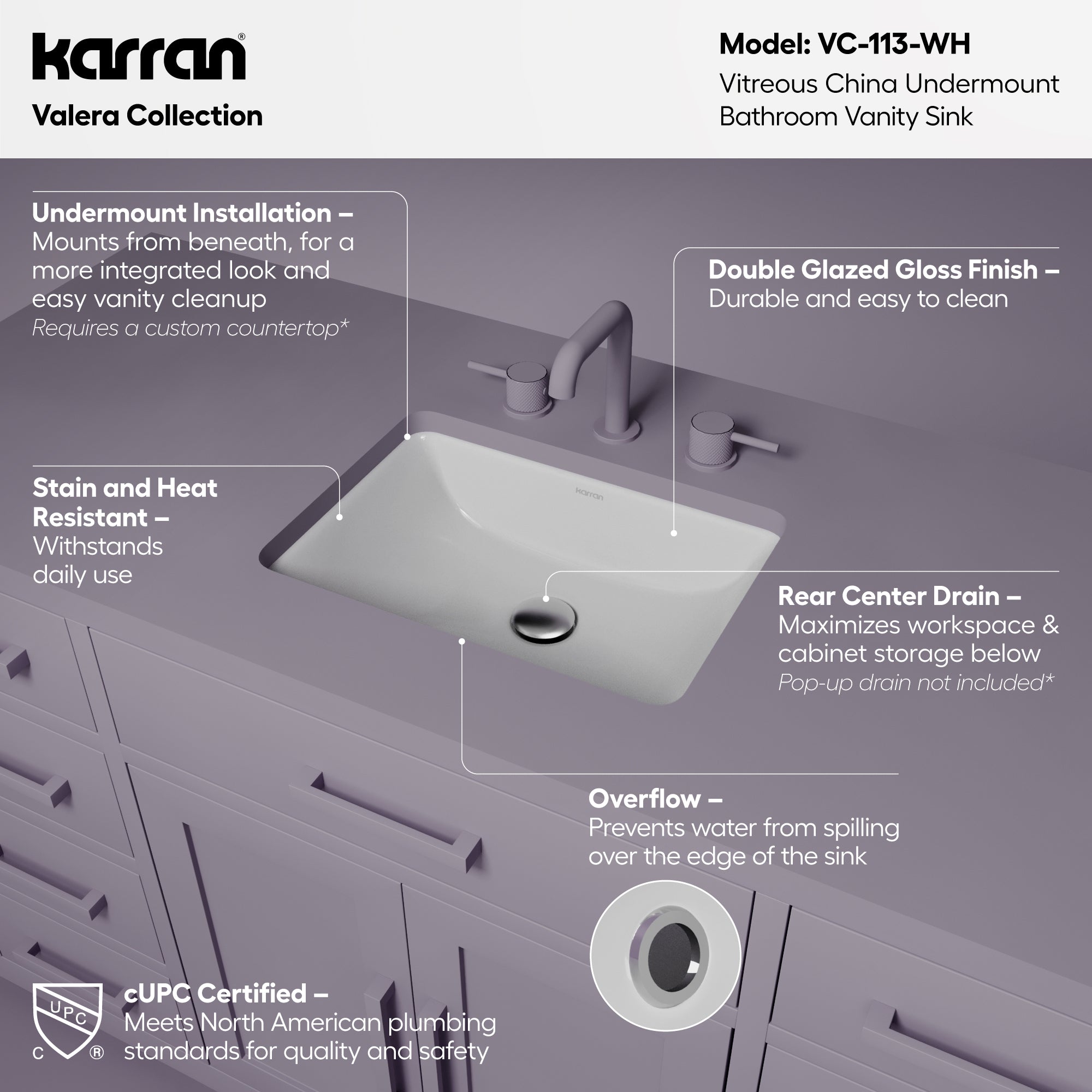 Karran Valera 13.125" x 18.125" Rectangular Undermount Vitreous China ADA Bathroom Sink, White, VC-113-WH
