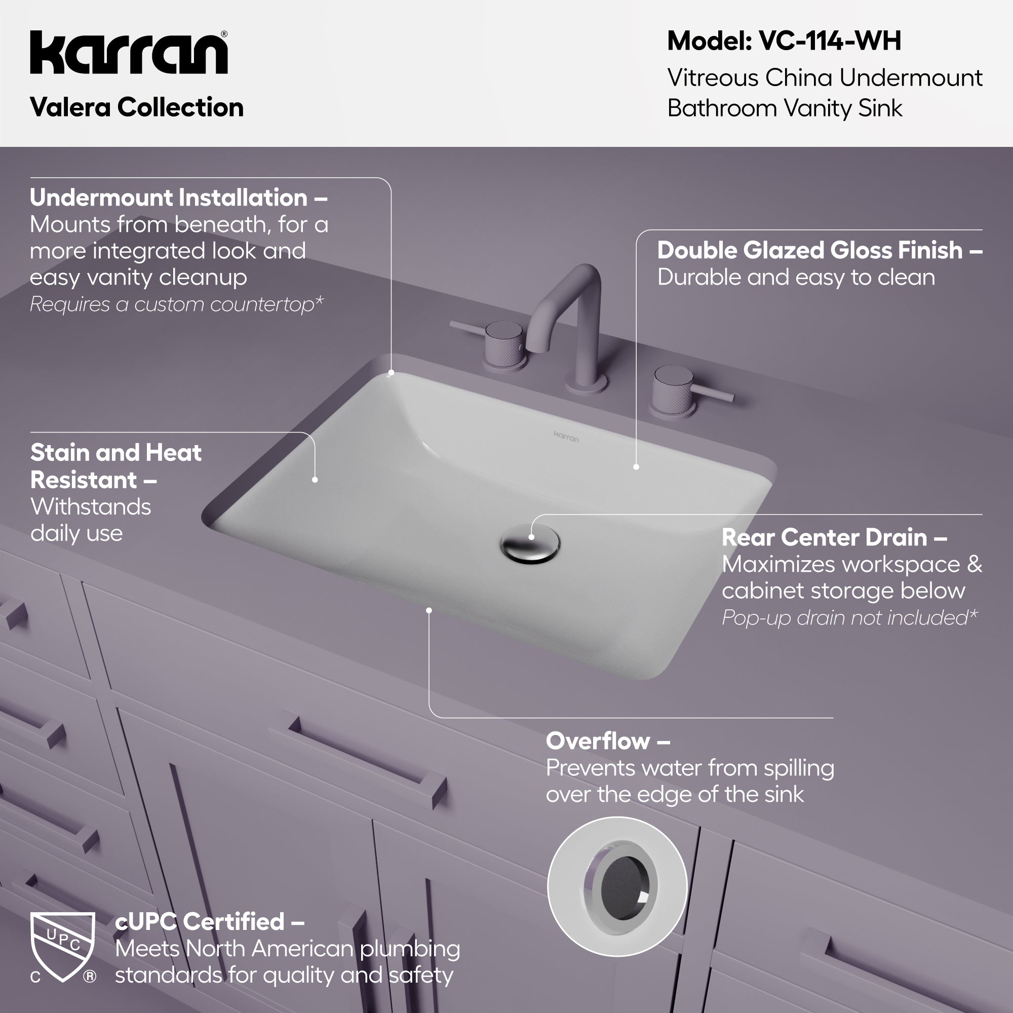 Karran Valera 15" x 20.25" Rectangular Undermount Vitreous China ADA Bathroom Sink, White, VC-114-WH